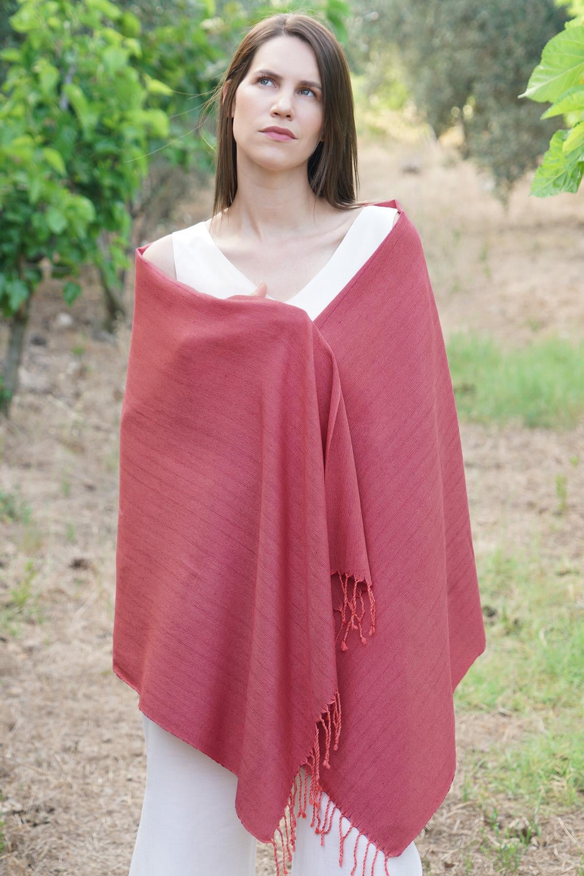 El Sağımı %100 İpek El Dokuması Şal 65 x 190 cm - Bordo 