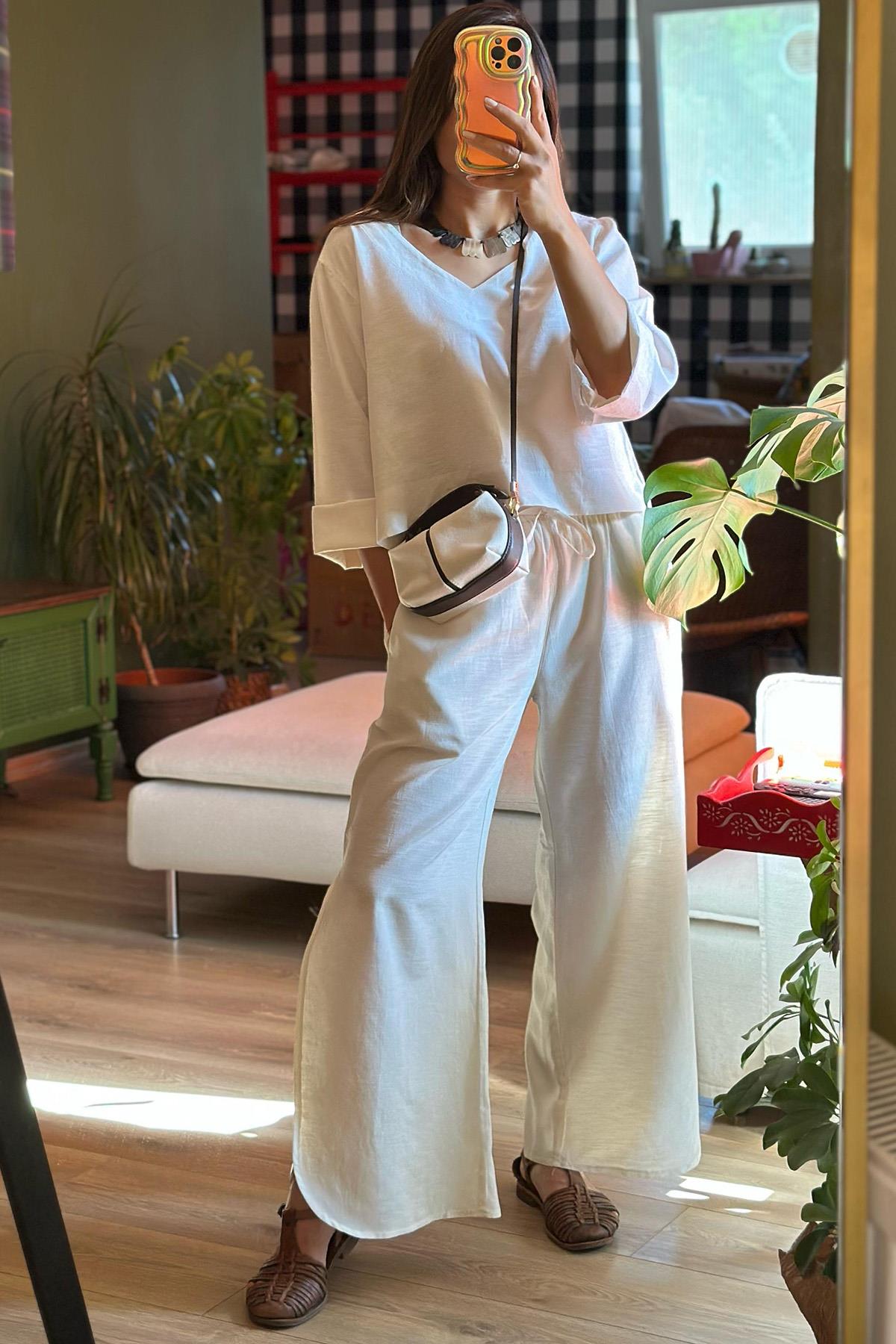 Elan Dokuma Bluz - Pantolon Takım – %20 İpek %80 Viskon