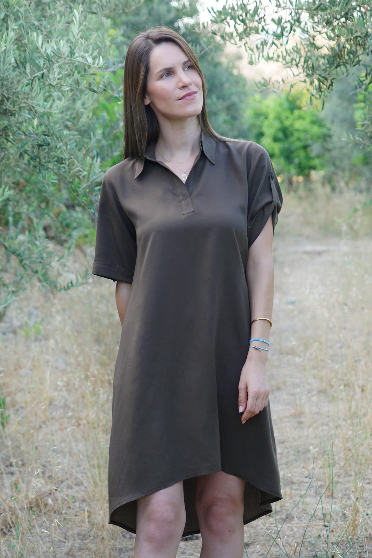 Luna Flow – Gömlek Yakalı A Kesim Tencel Elbise – Kahverengi