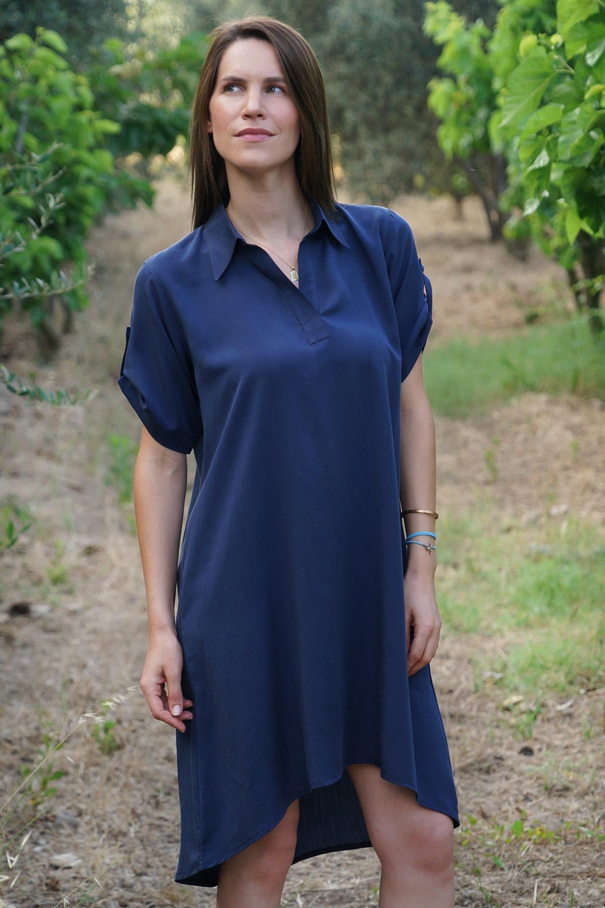 Luna Flow – Gömlek Yakalı A Kesim Tencel Elbise – Lacivert