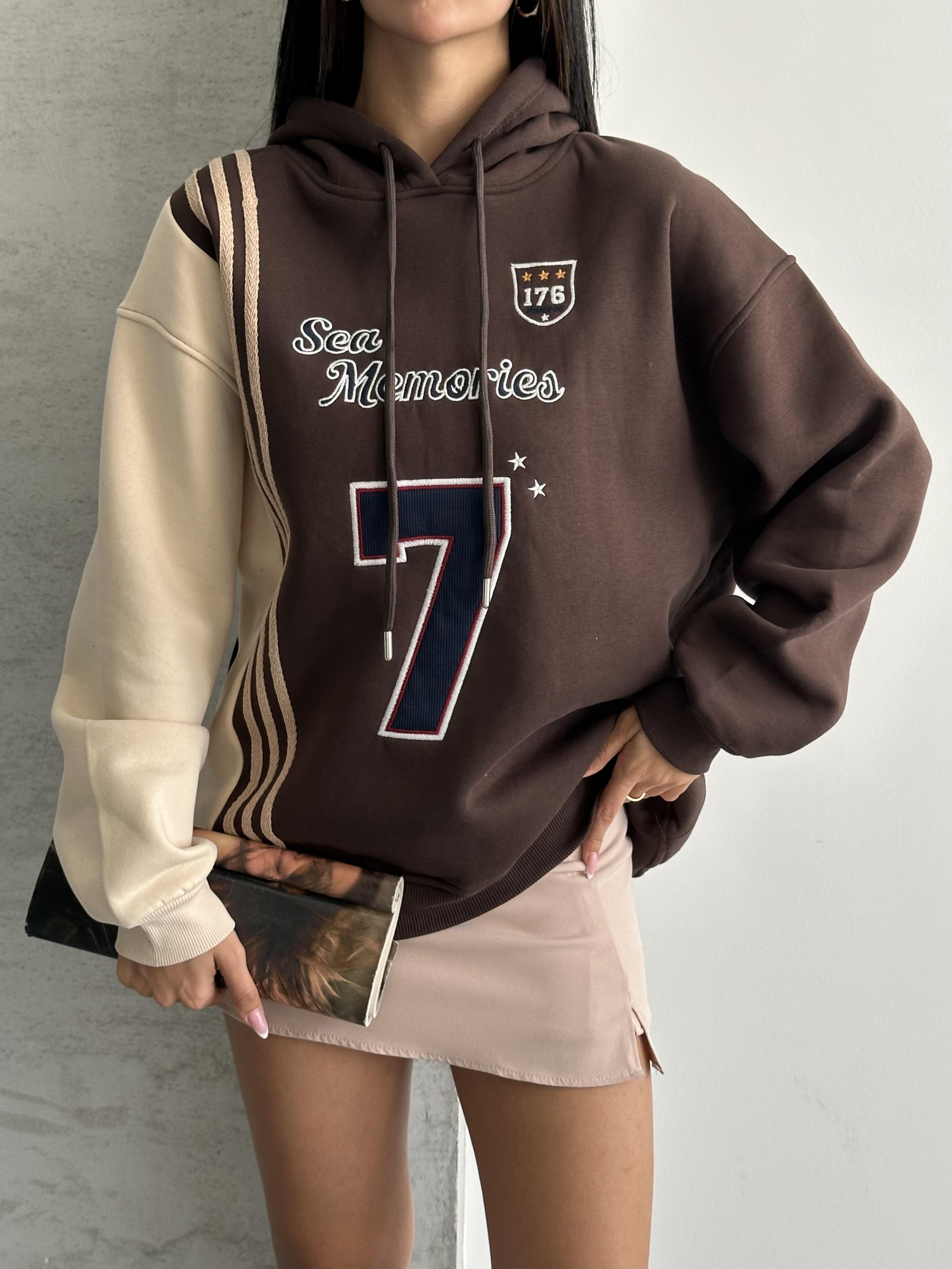 7 Sea Kapüşonlu Kahverengi Sweatshirt