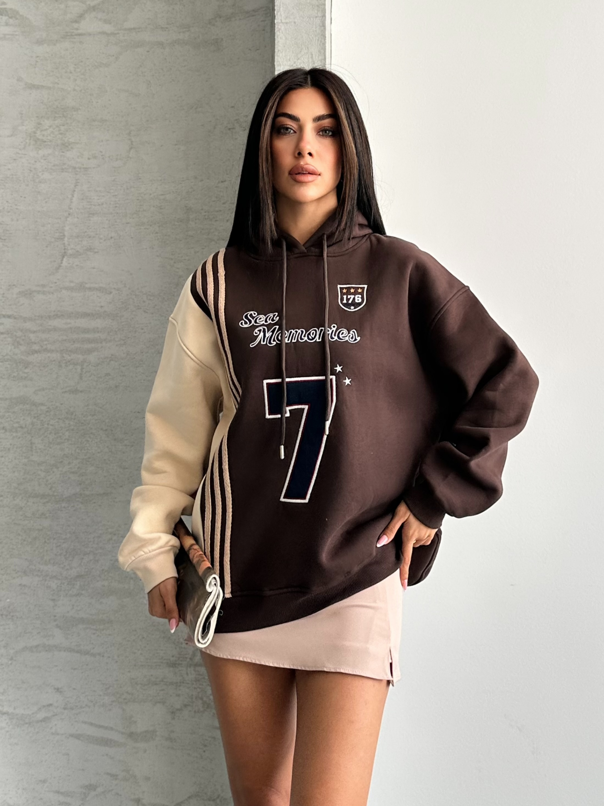 7 Sea Kapüşonlu Kahverengi Sweatshirt