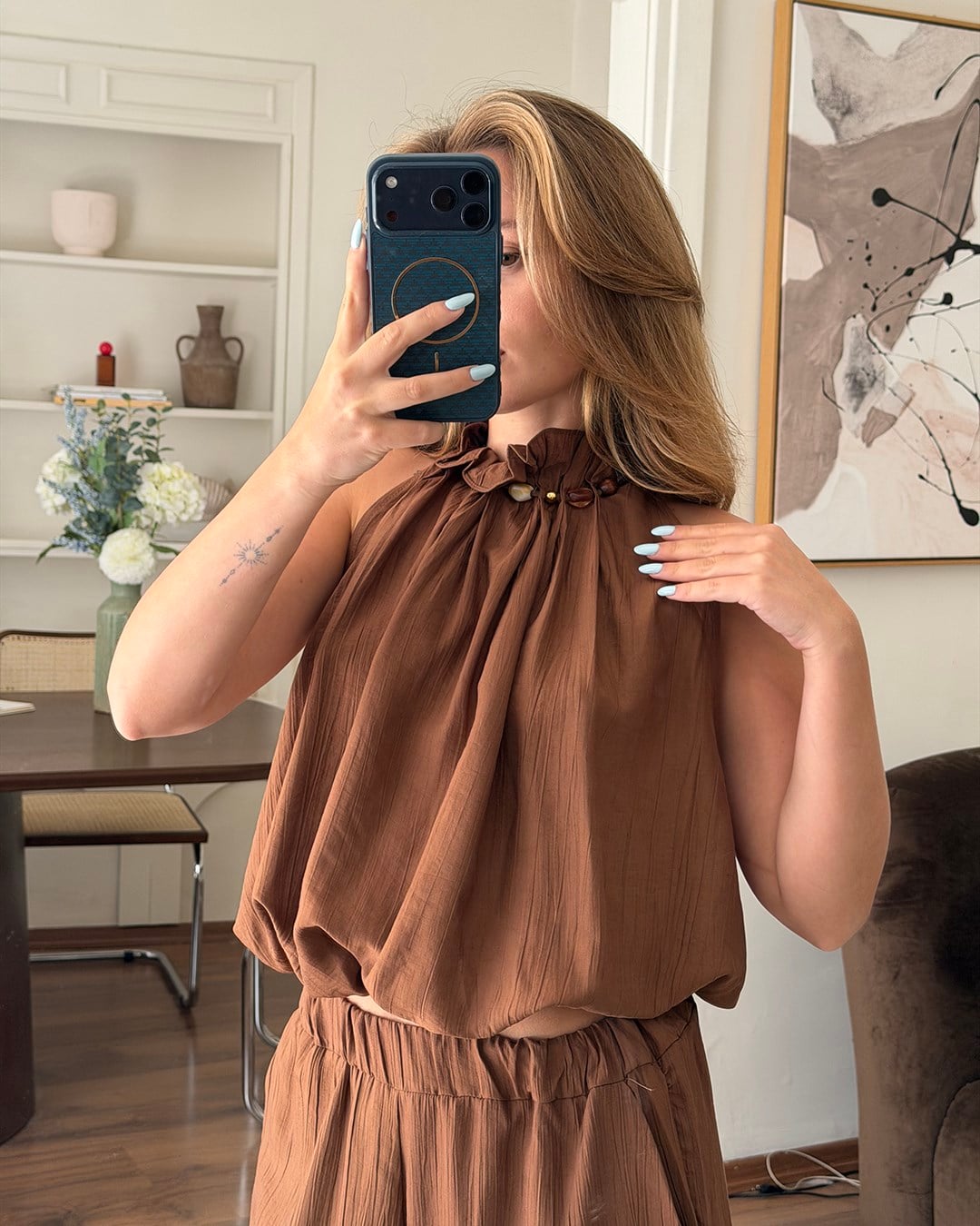 Athena Kahverengi Bluz Pantolon Takım