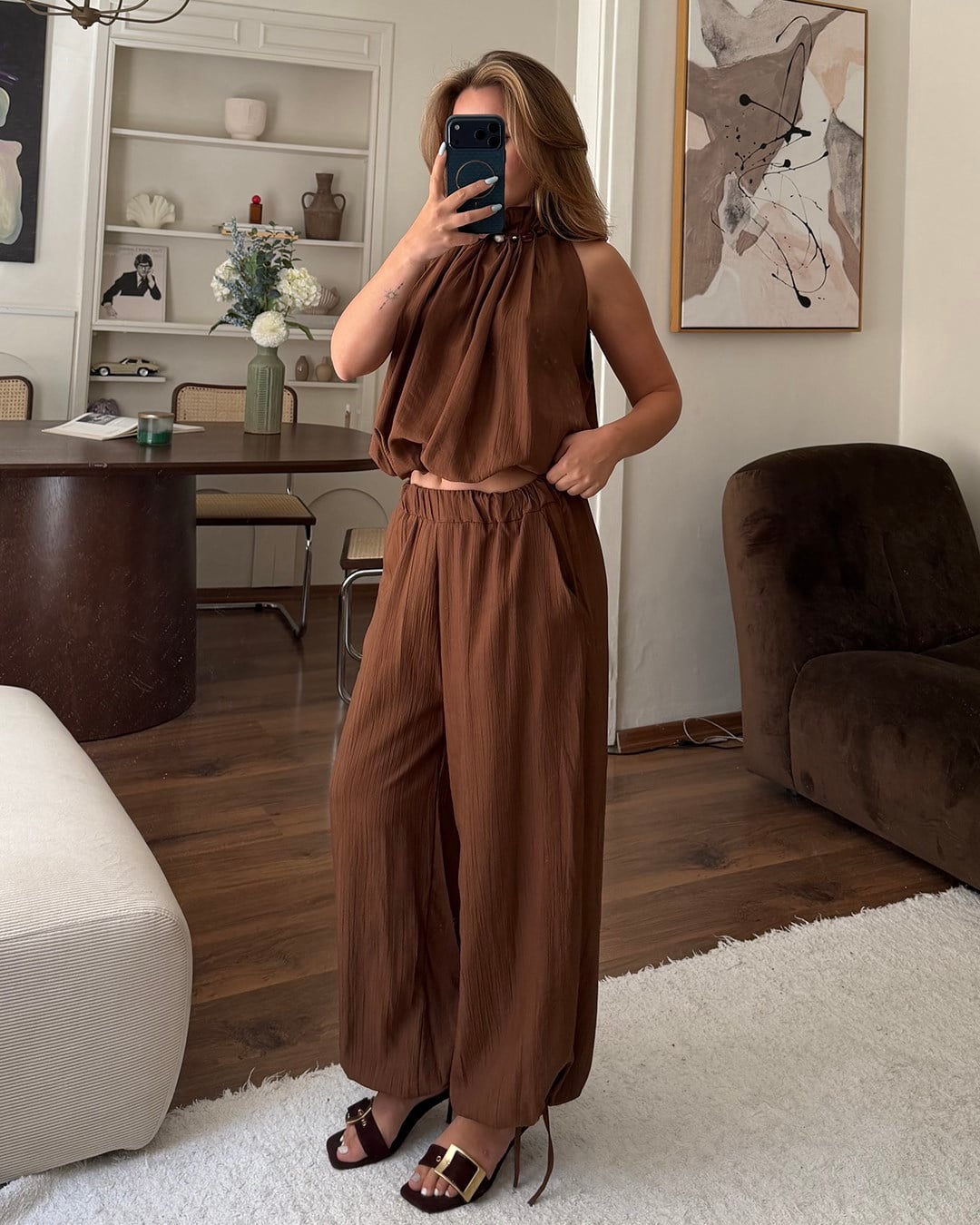 Athena Kahverengi Bluz Pantolon Takım