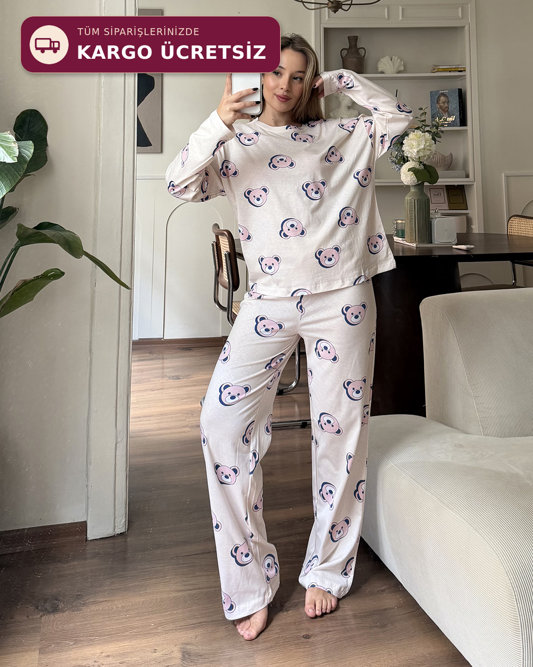Ayıcık Desenli Uzun Kollu Pijama Takımı