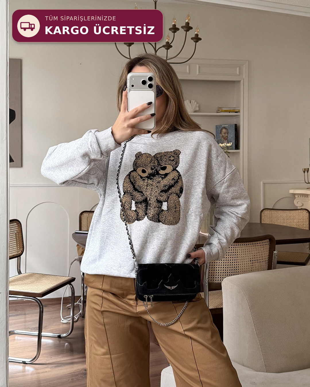 Ayıcık Figürlü Gri Sweatshirt