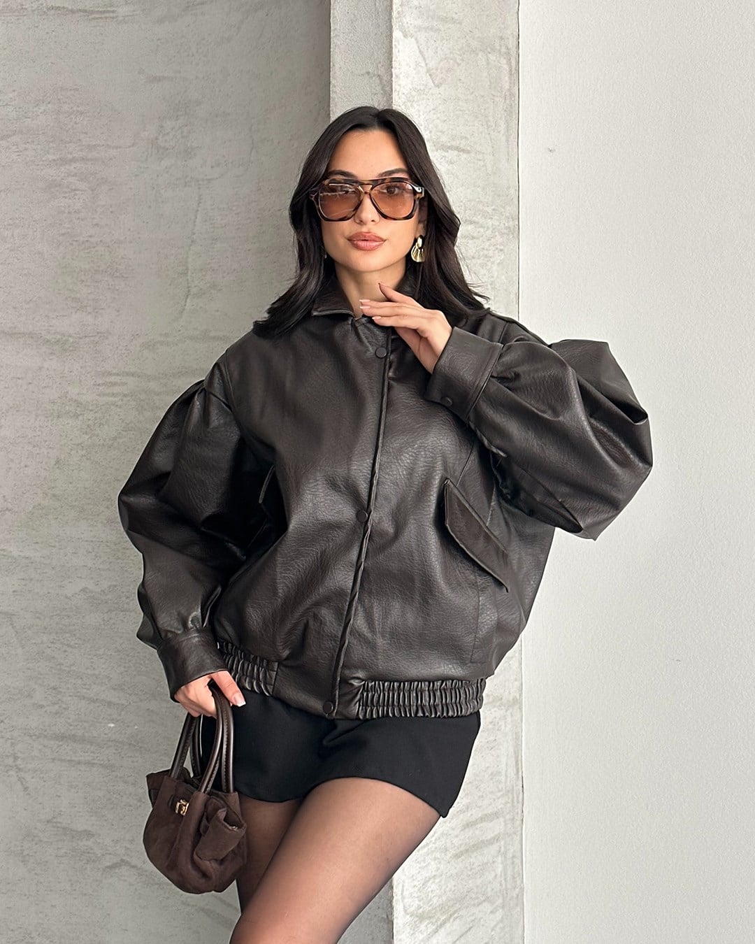 Balon Kol Oversize Kahverengi Deri Bomber Ceket