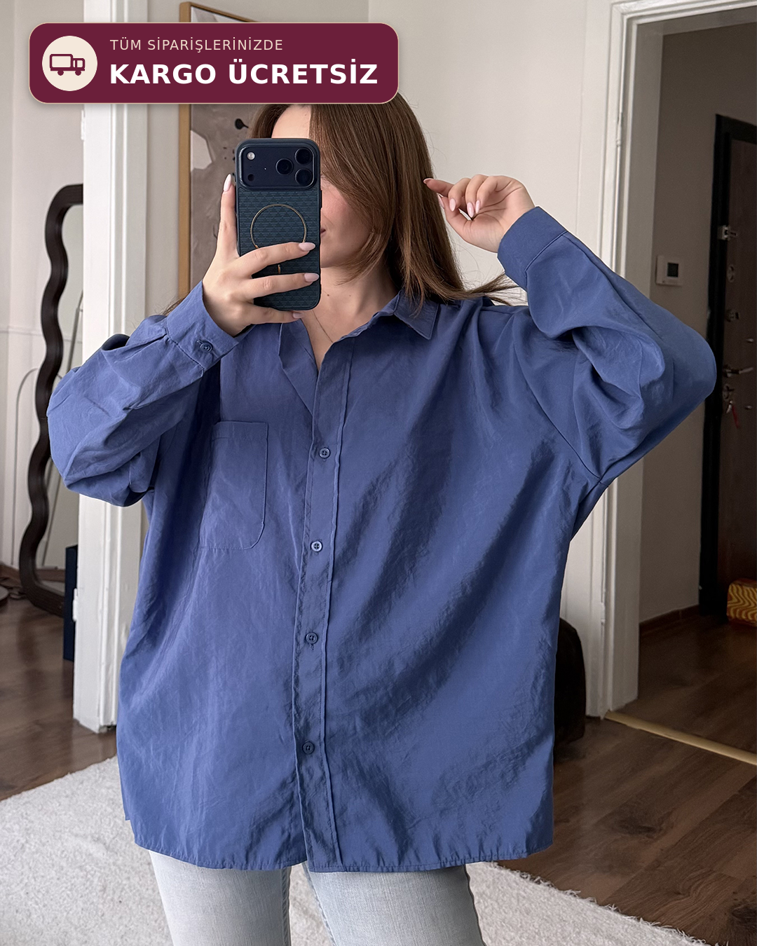 Bambu Oversize İndigo Gömlek
