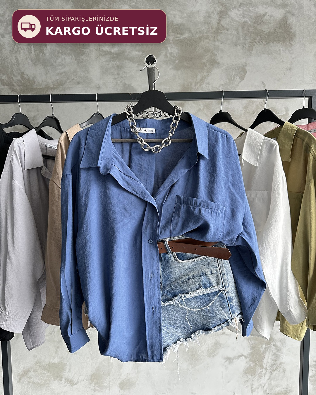 Bambu Oversize İndigo Gömlek