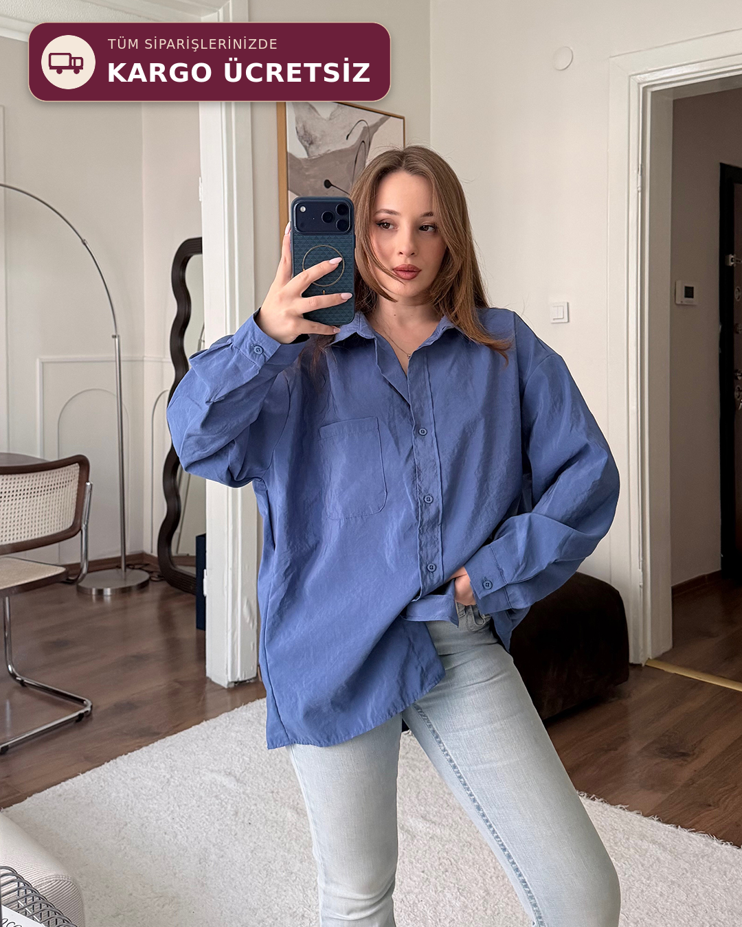 Bambu Oversize İndigo Gömlek