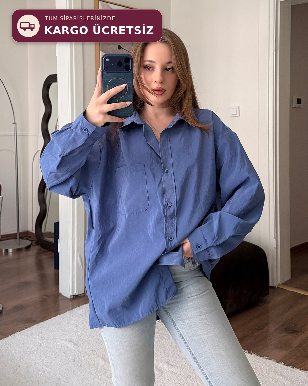 Bambu Oversize İndigo Gömlek