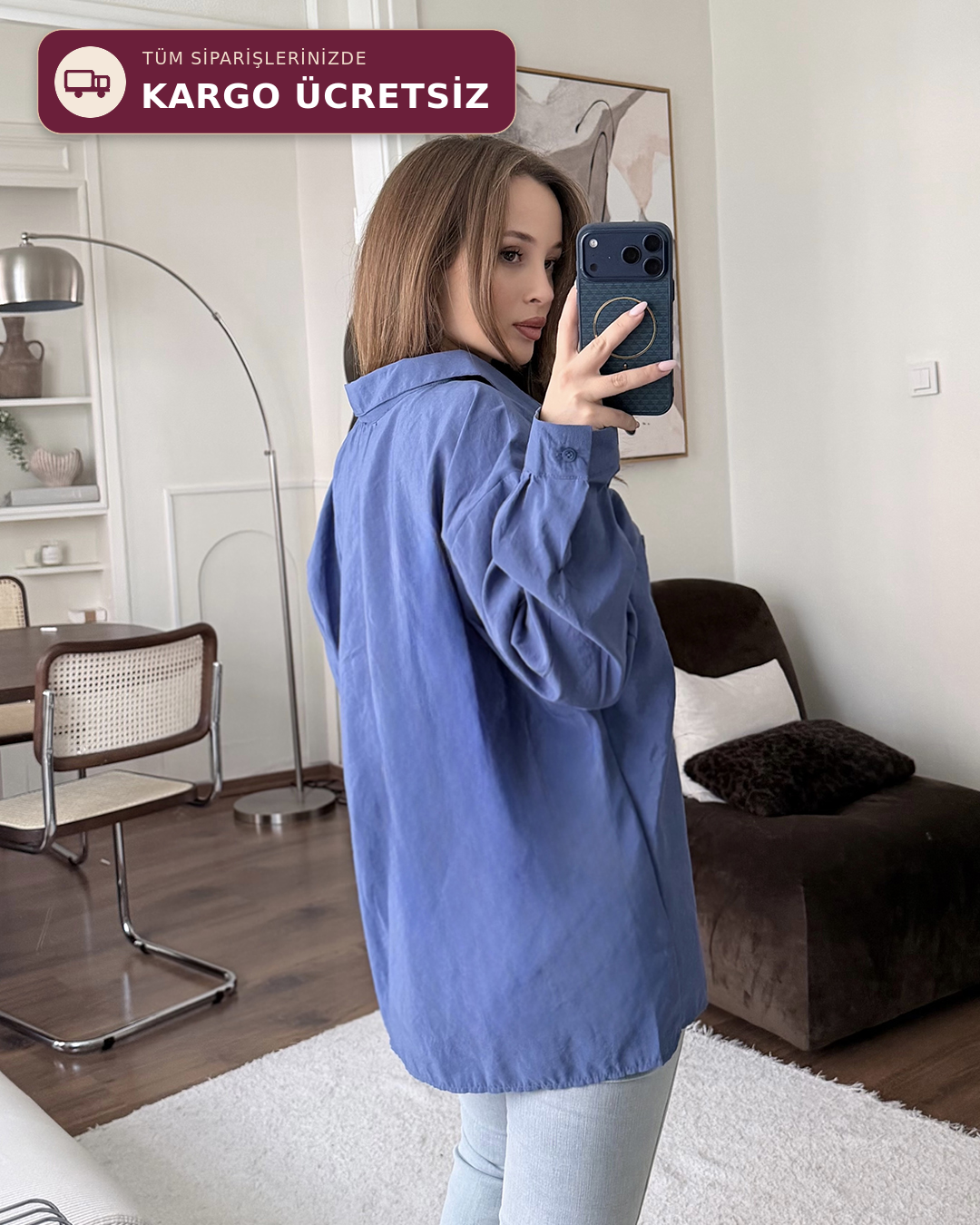 Bambu Oversize İndigo Gömlek
