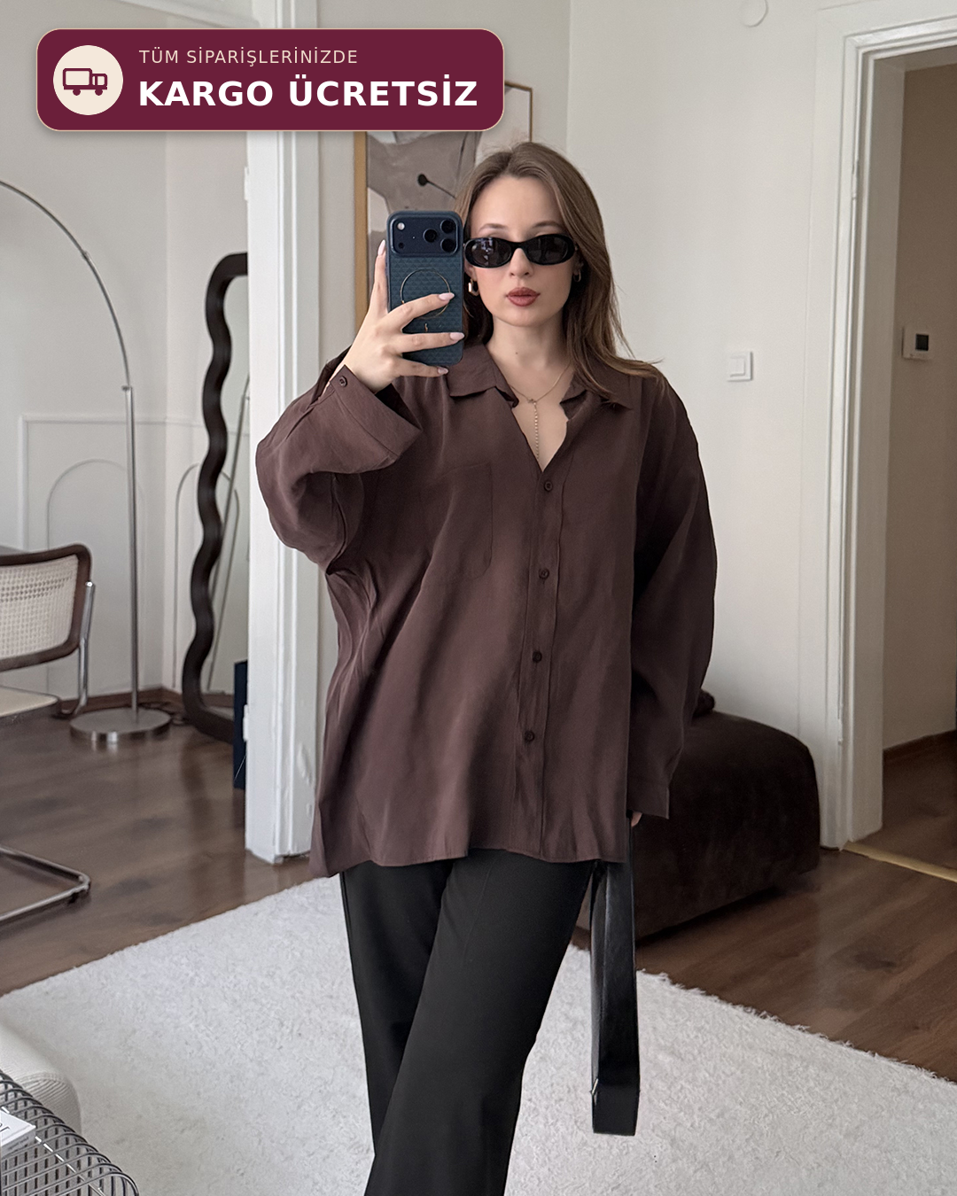 Bambu Oversize Kahverengi Gömlek