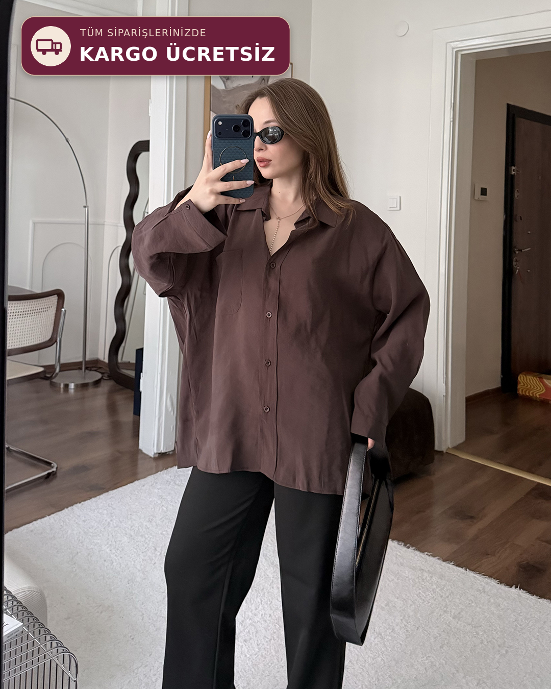 Bambu Oversize Kahverengi Gömlek