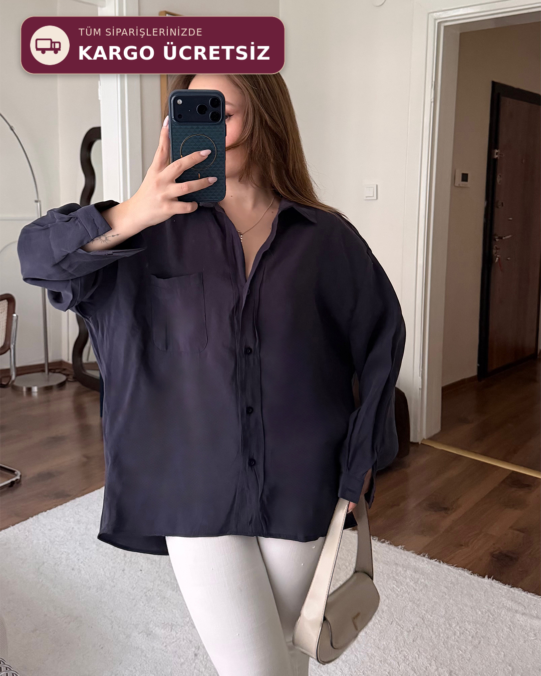 Bambu Oversize Lacivert Gömlek