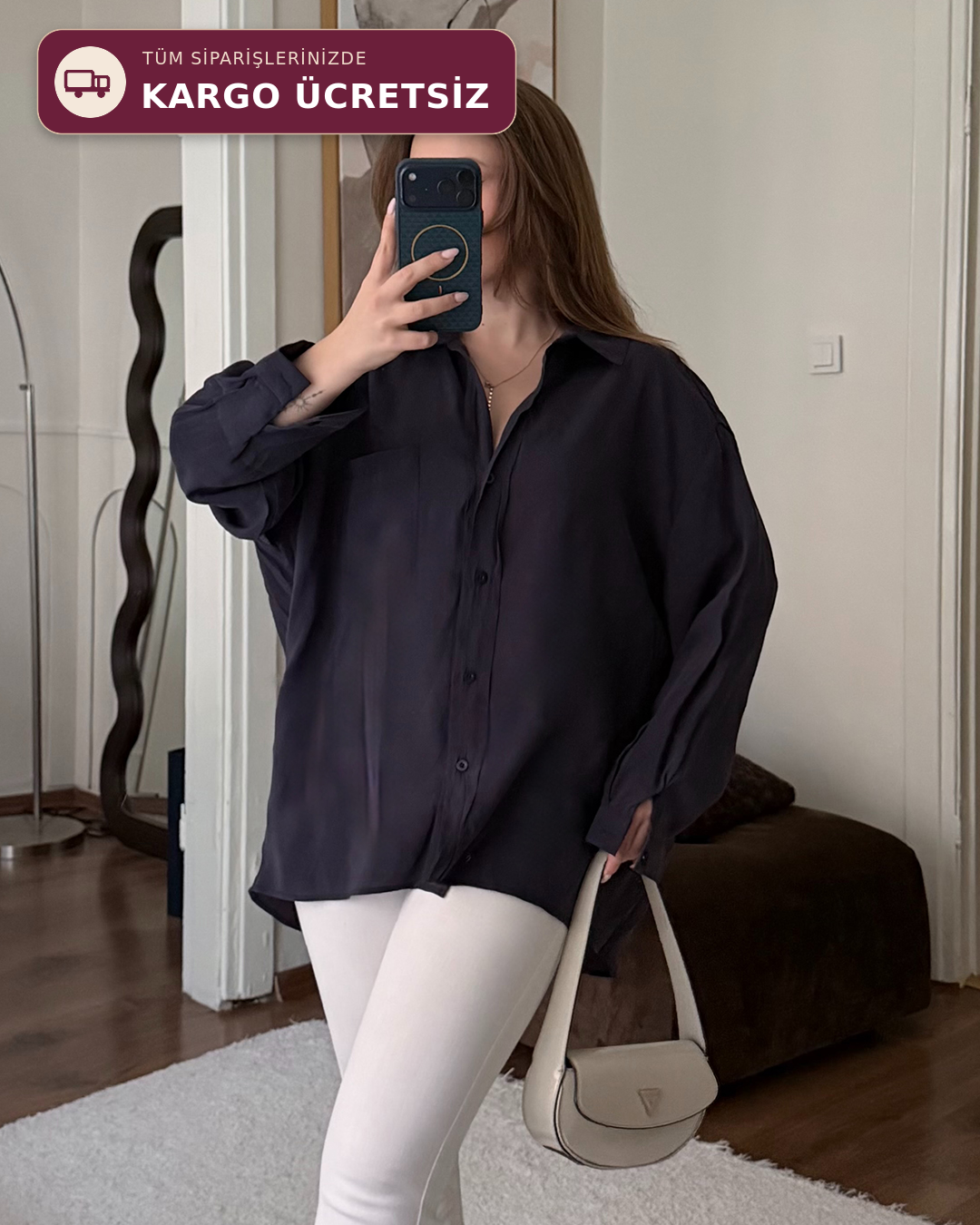 Bambu Oversize Lacivert Gömlek