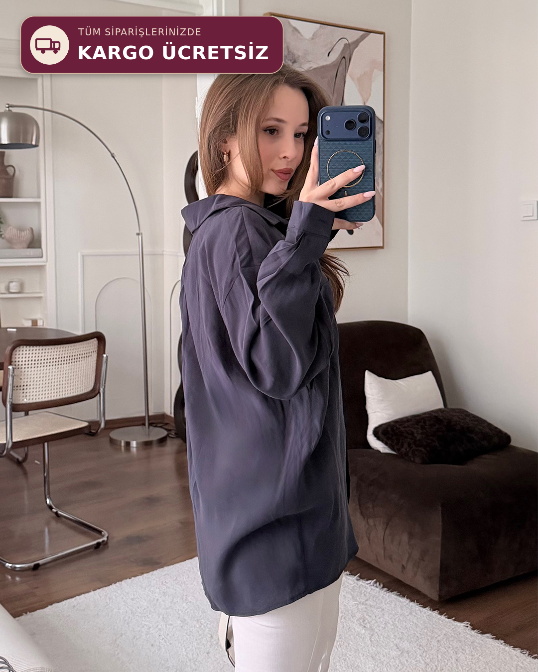 Bambu Oversize Lacivert Gömlek