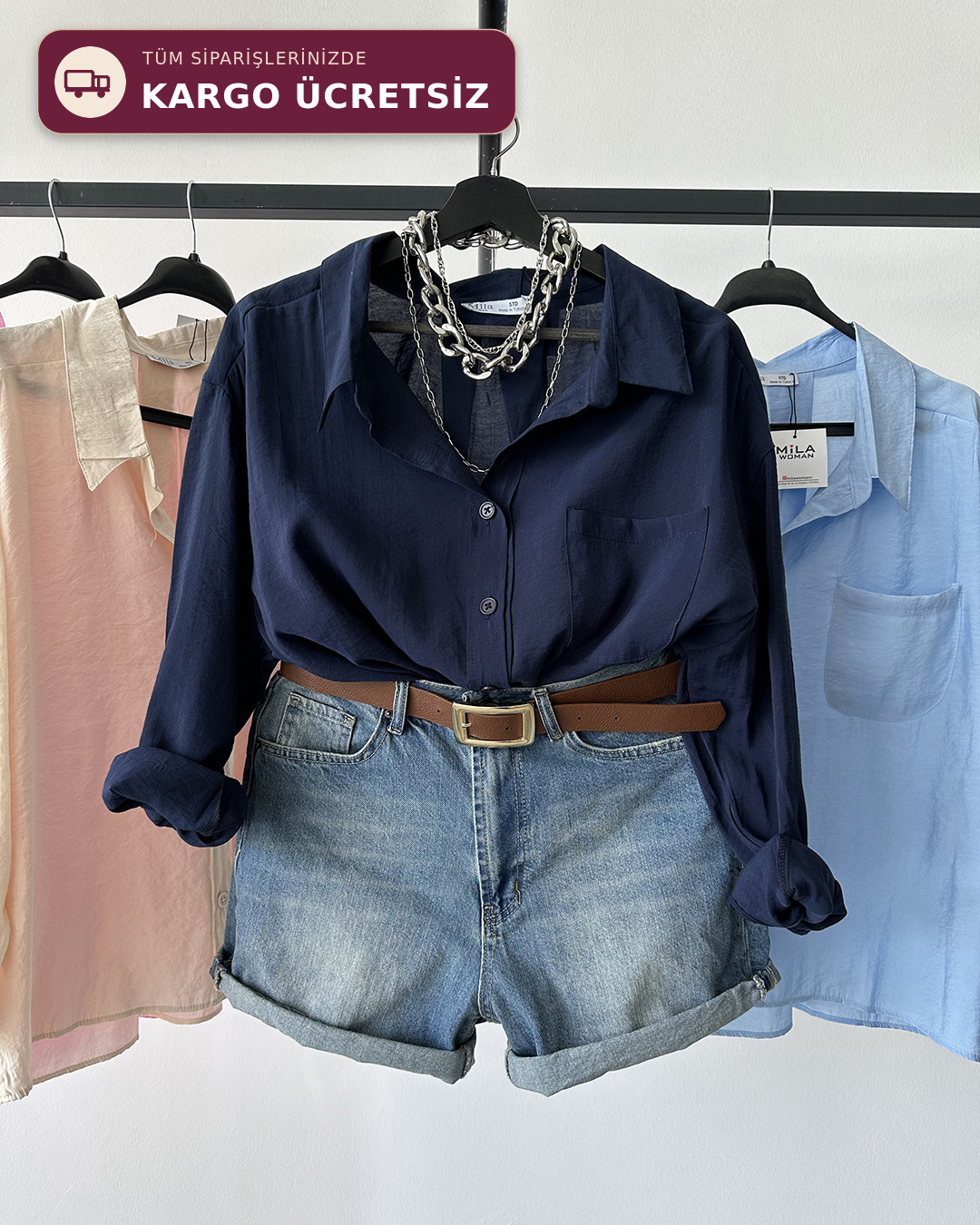 Bambu Oversize Lacivert Gömlek