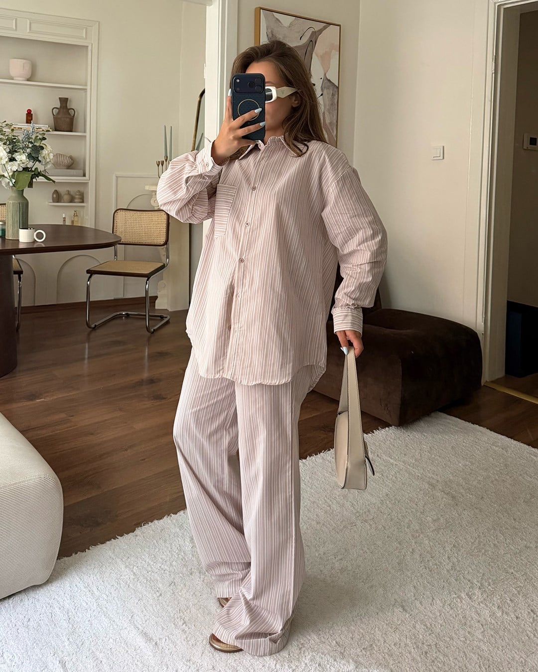 Bej Çizgili Oversize Gömlek Pantolon Takım