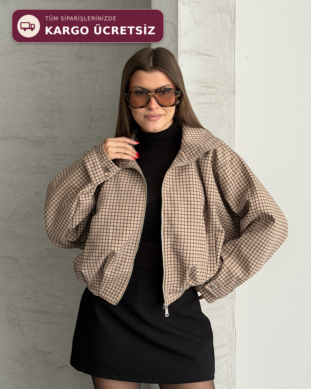 Bej Grid Desenli Fermuarlı Crop Ceket