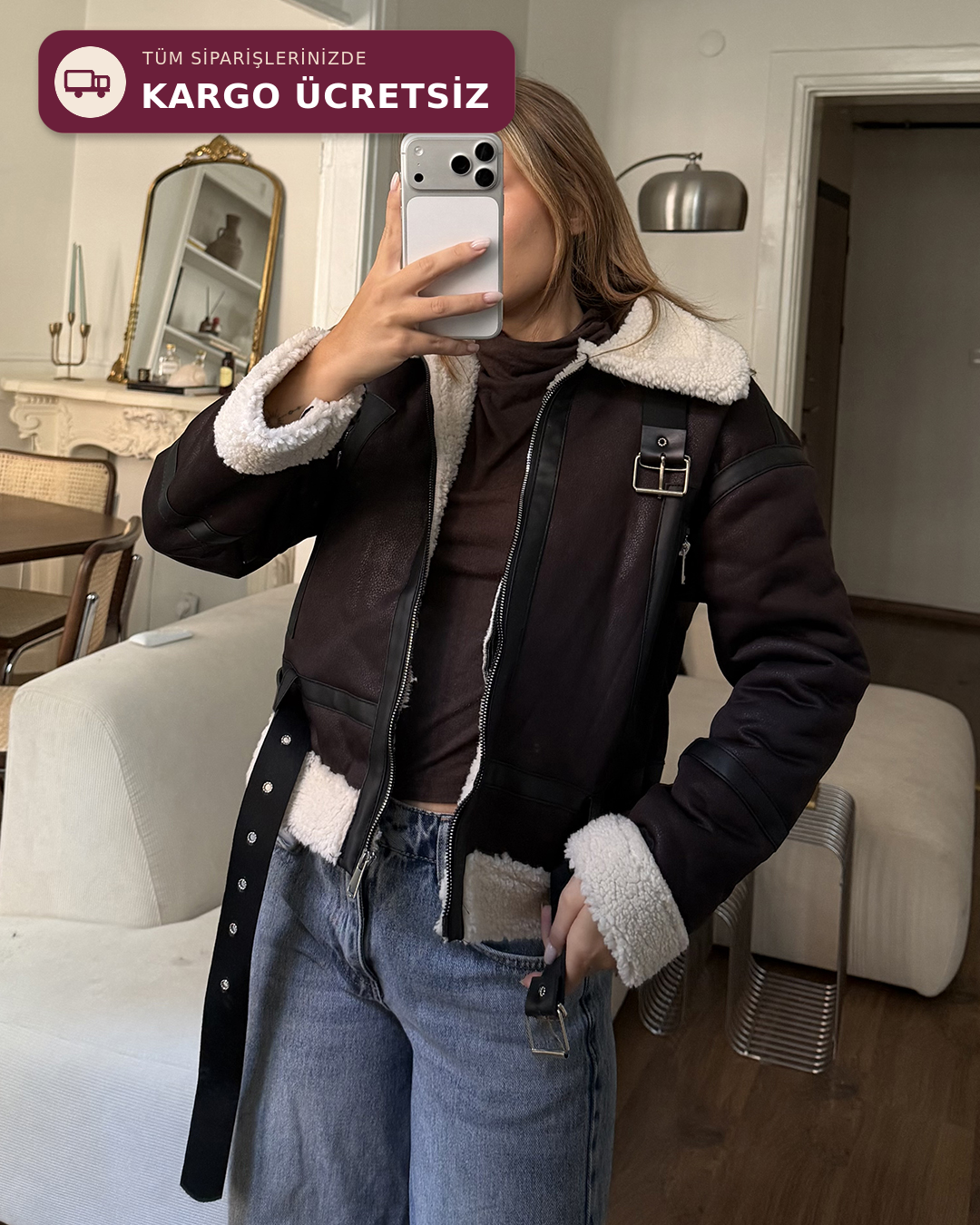 Bej Peluşlu Kemerli Peluş Astarlı Crop Kahverengi Ceket