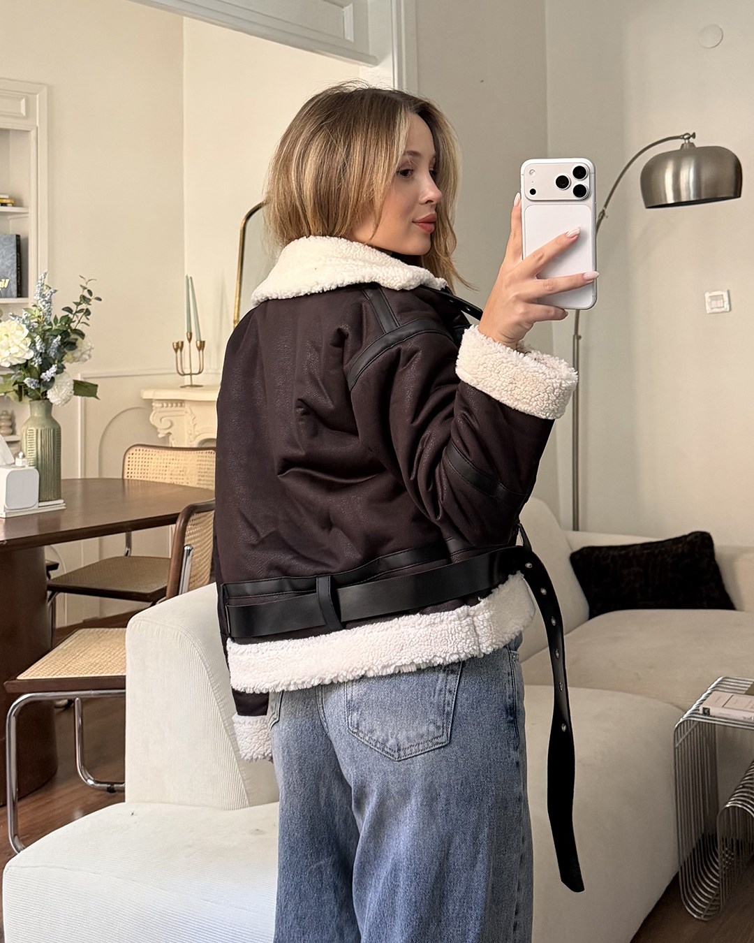 Bej Peluşlu Kemerli Peluş Astarlı Crop Kahverengi Ceket