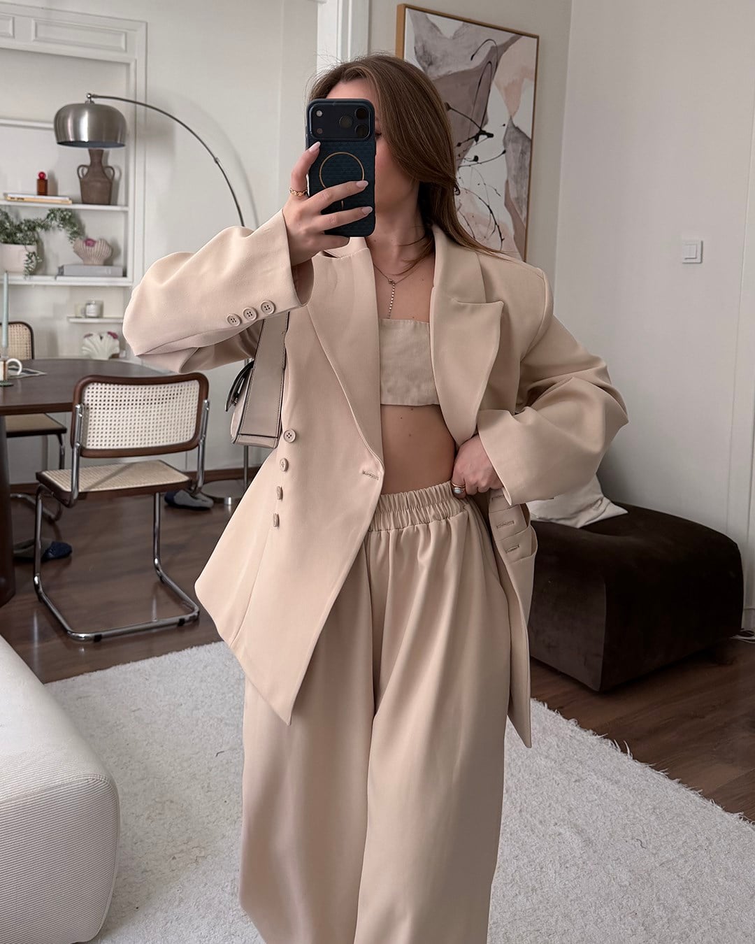 Bel Bağlamalı Bej Blazer Pantolon Takım