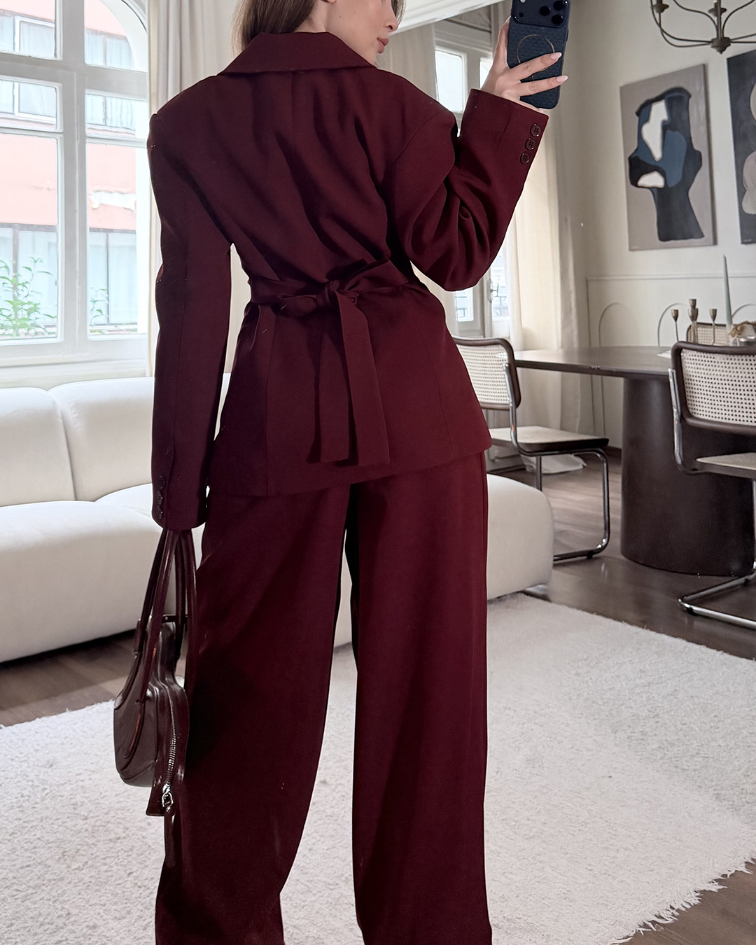 Bel Bağlamalı Bordo Blazer Pantolon Takım