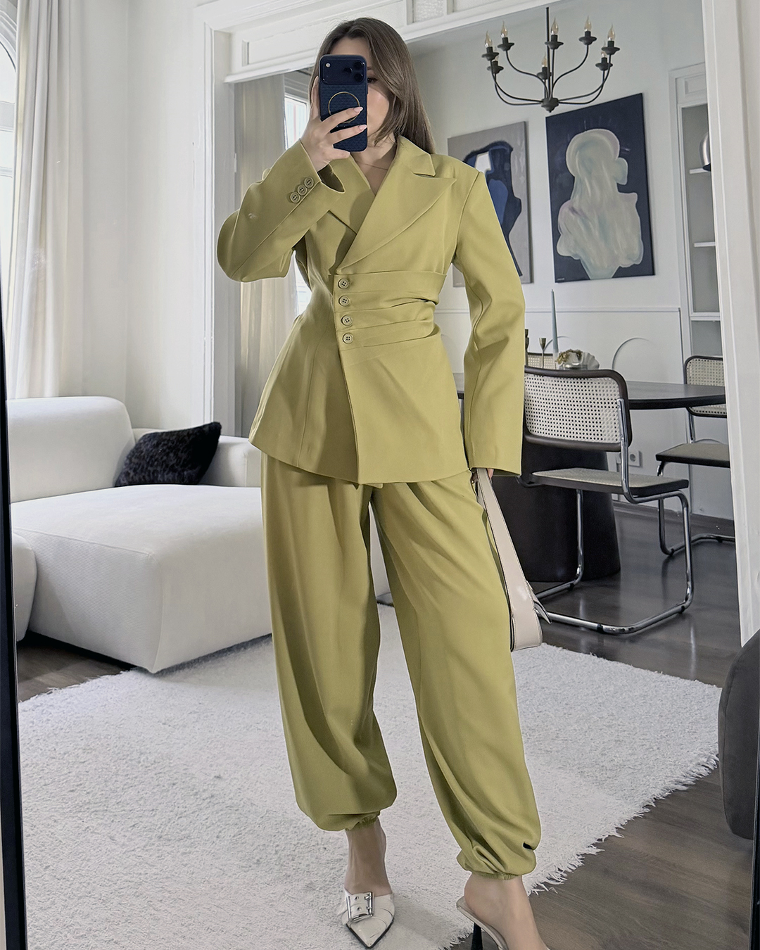 Bel Bağlamalı Haki Blazer Pantolon Takım