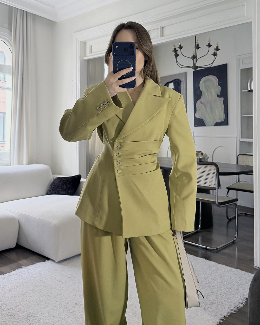 Bel Bağlamalı Haki Blazer Pantolon Takım