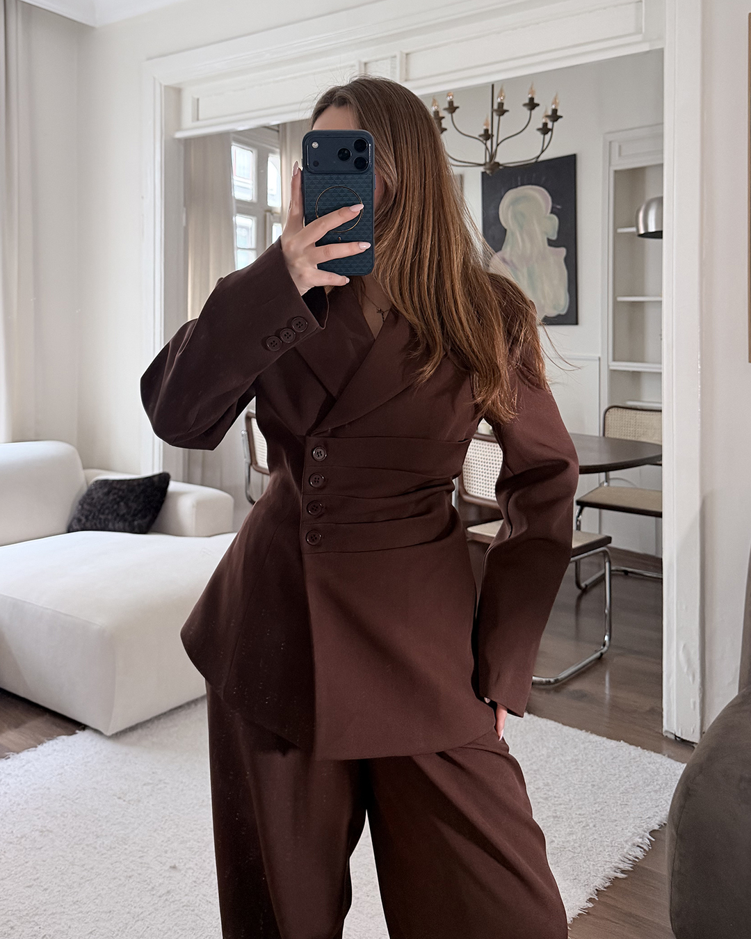 Bel Bağlamalı Kahverengi Blazer Pantolon Takım