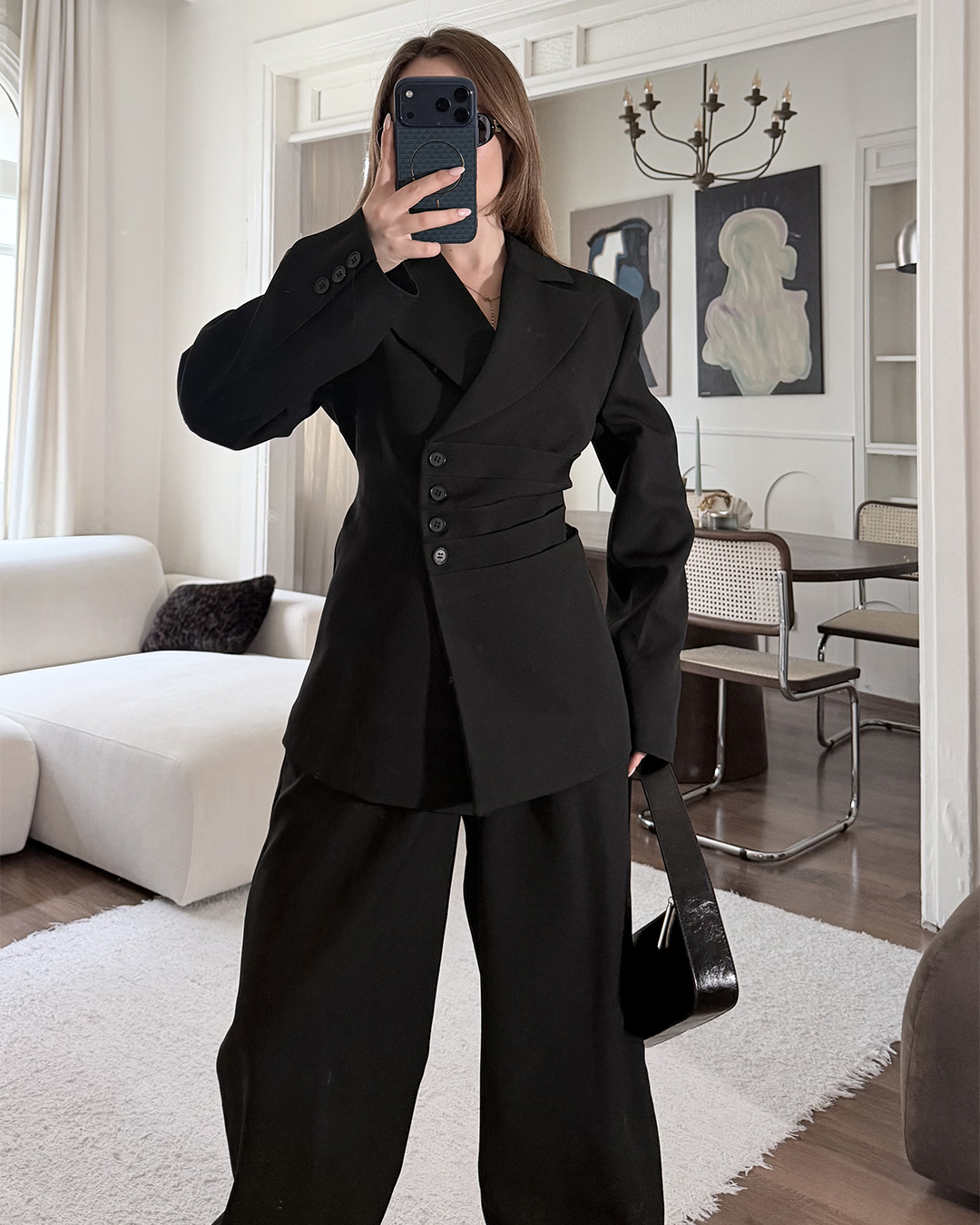 Bel Bağlamalı Siyah Blazer Pantolon Takım