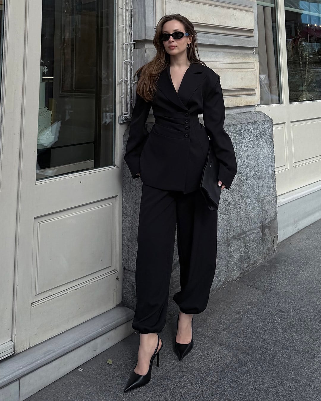 Bel Bağlamalı Siyah Blazer Pantolon Takım