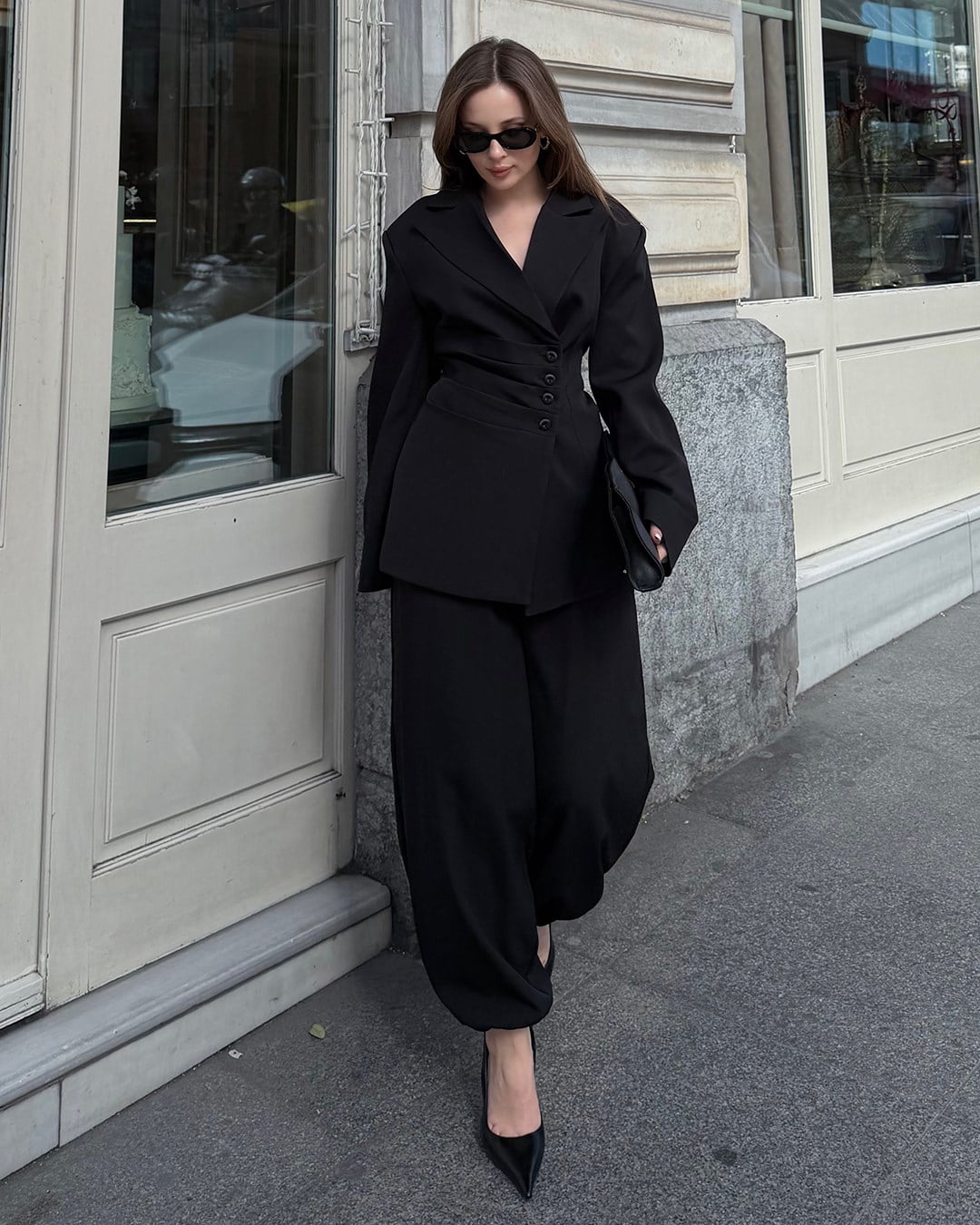 Bel Bağlamalı Siyah Blazer Pantolon Takım