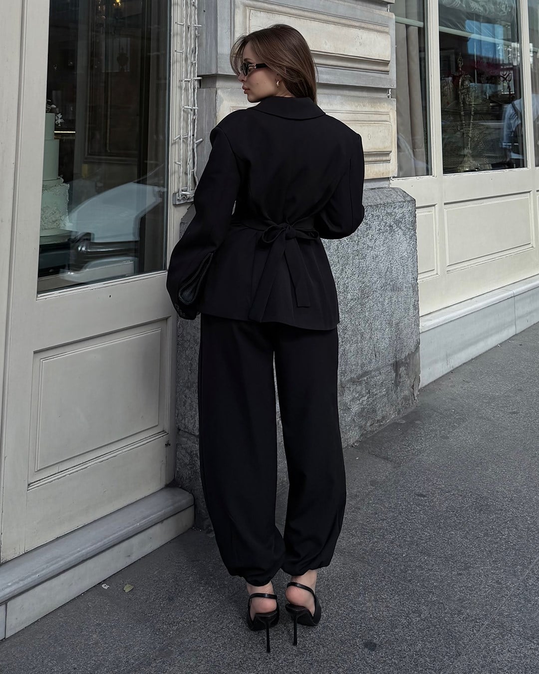 Bel Bağlamalı Siyah Blazer Pantolon Takım