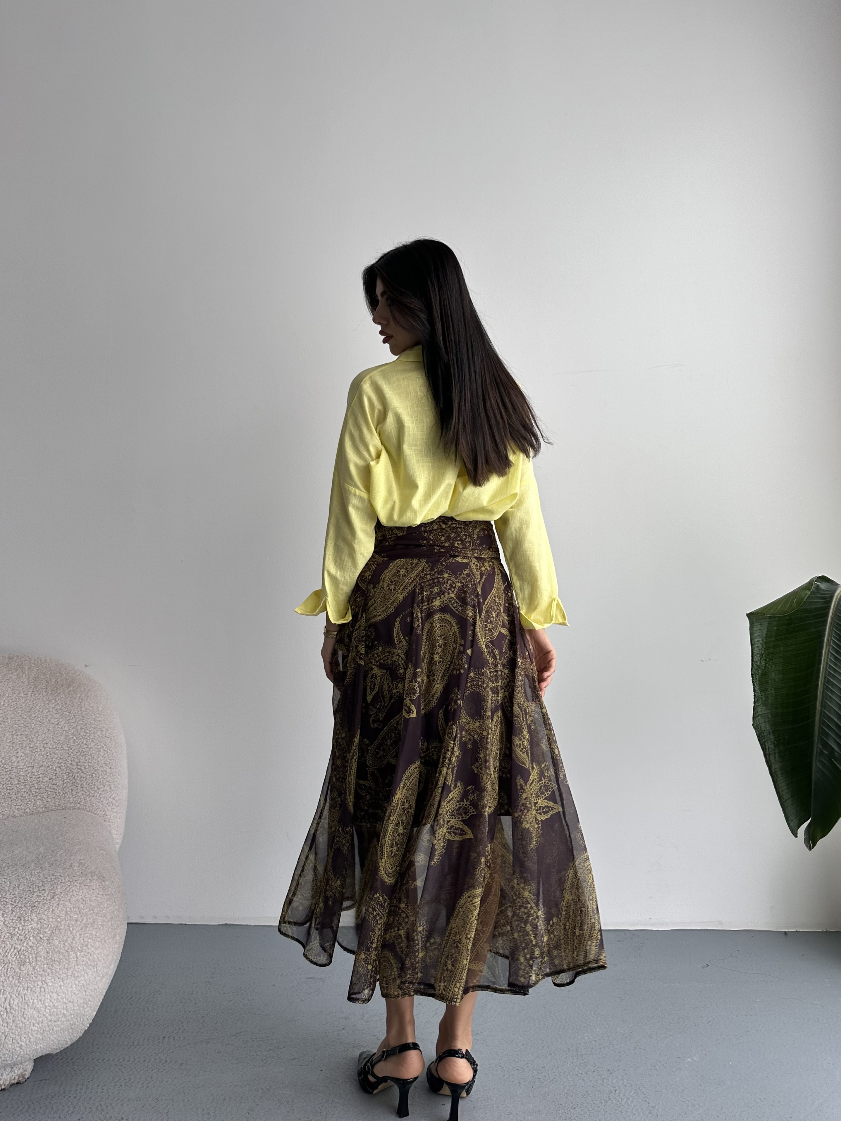 Drapeli Şal Desenli Uzun Şifon Etek