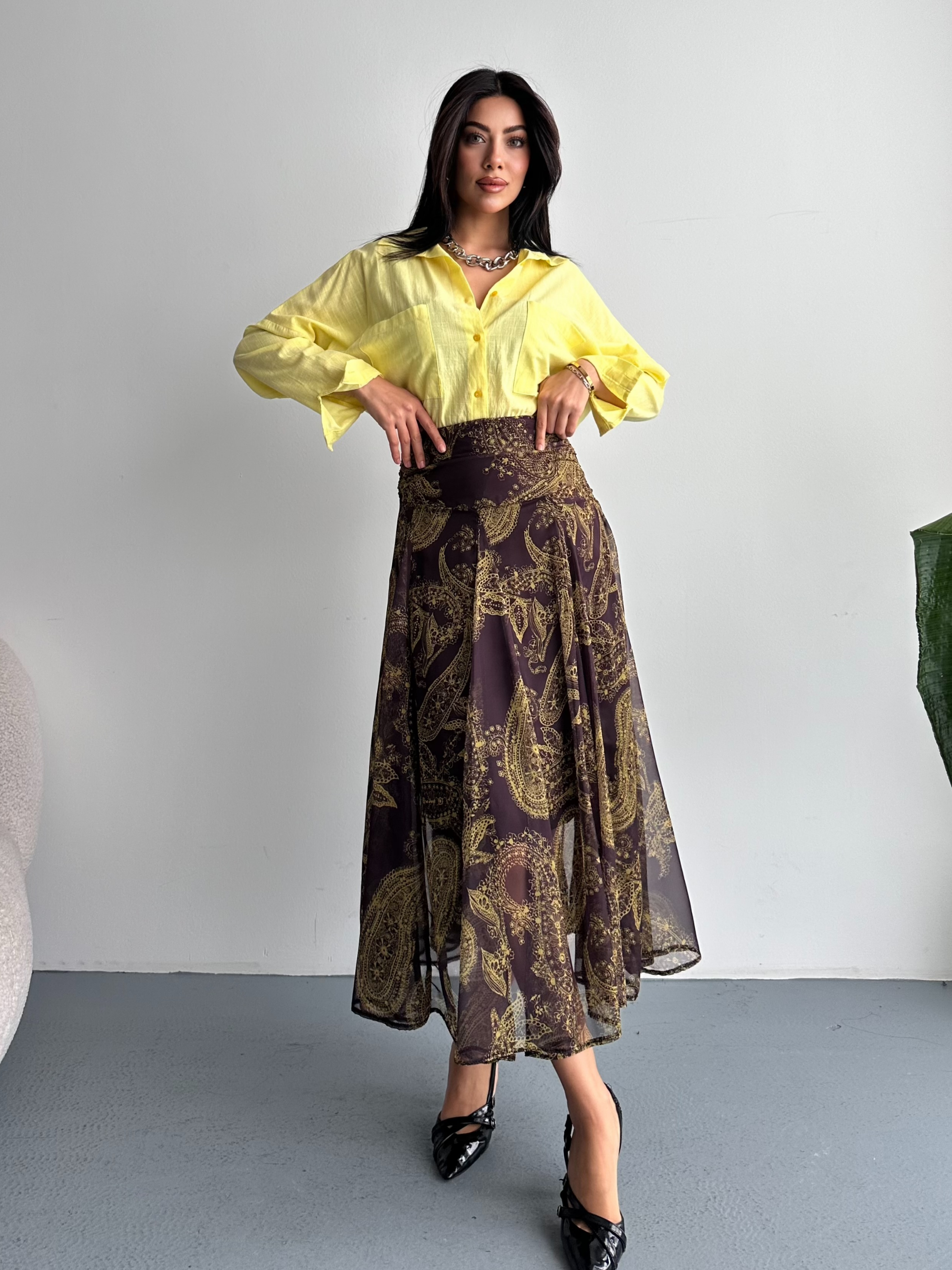 Drapeli Şal Desenli Uzun Şifon Etek