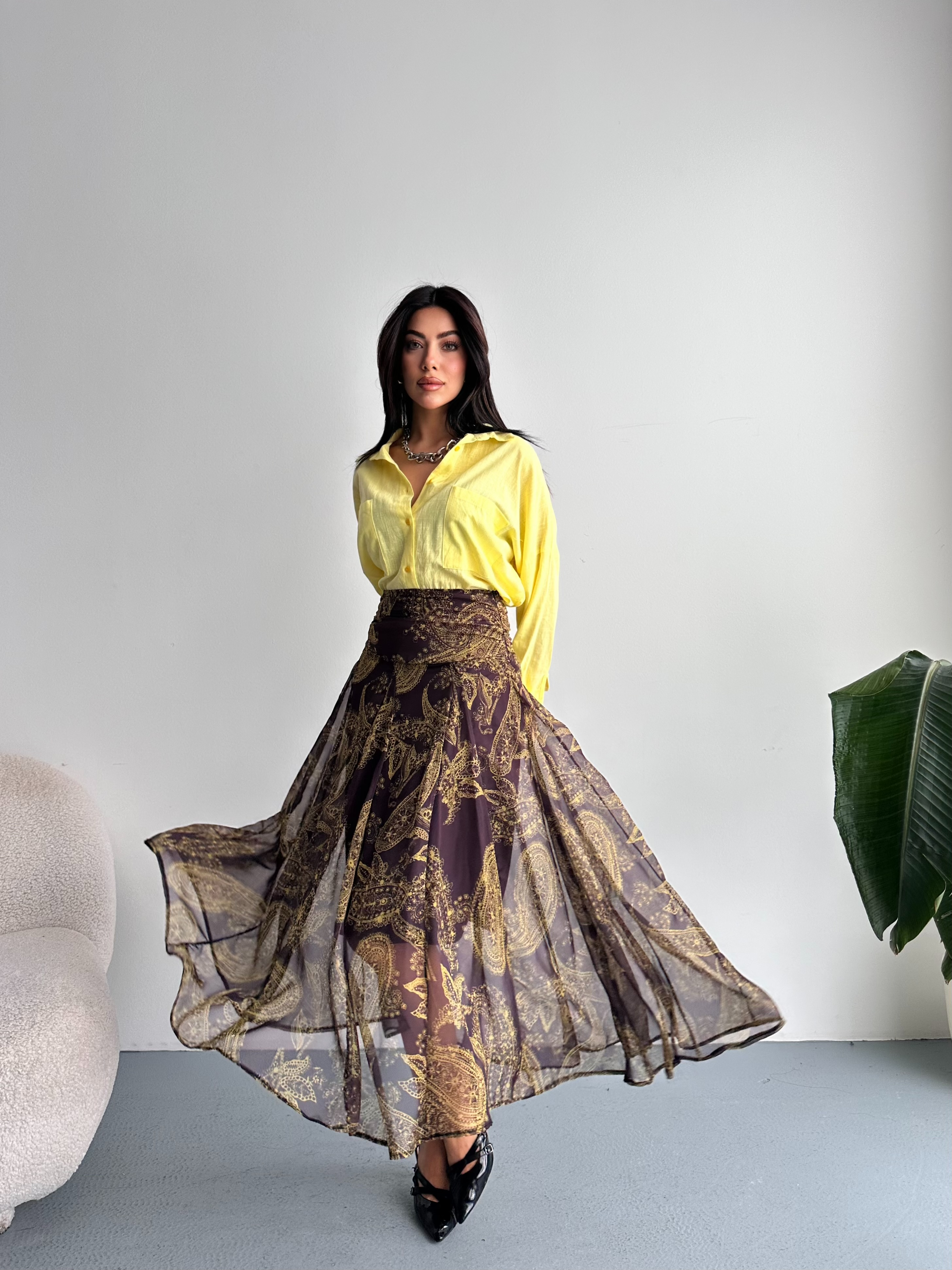 Drapeli Şal Desenli Uzun Şifon Etek