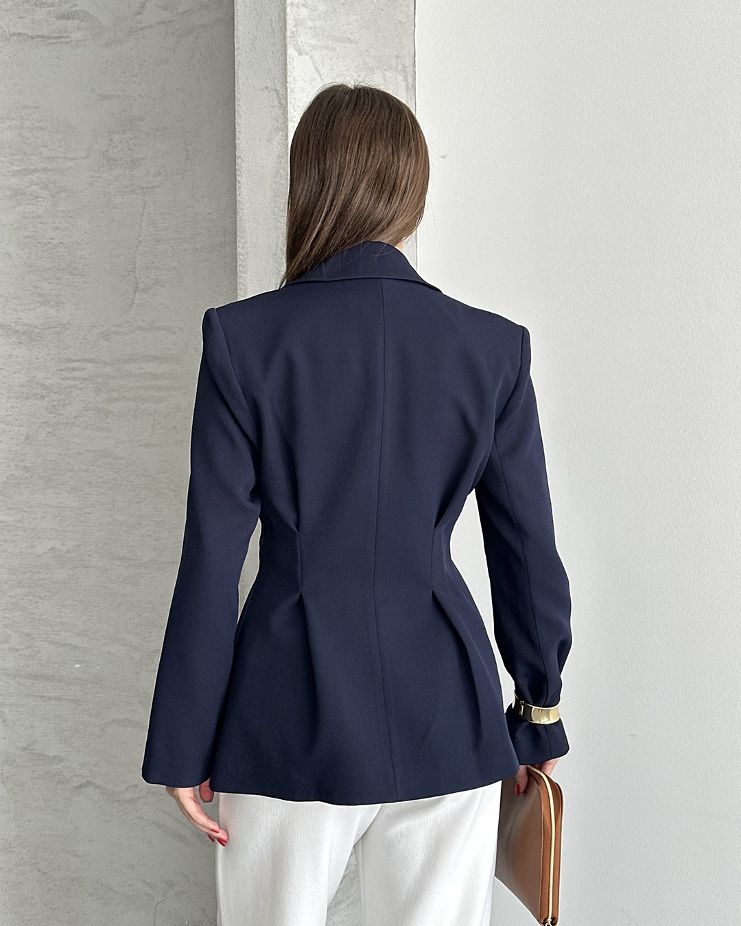 Belden Oturtmalı Dokuma Lacivert Blazer Ceket