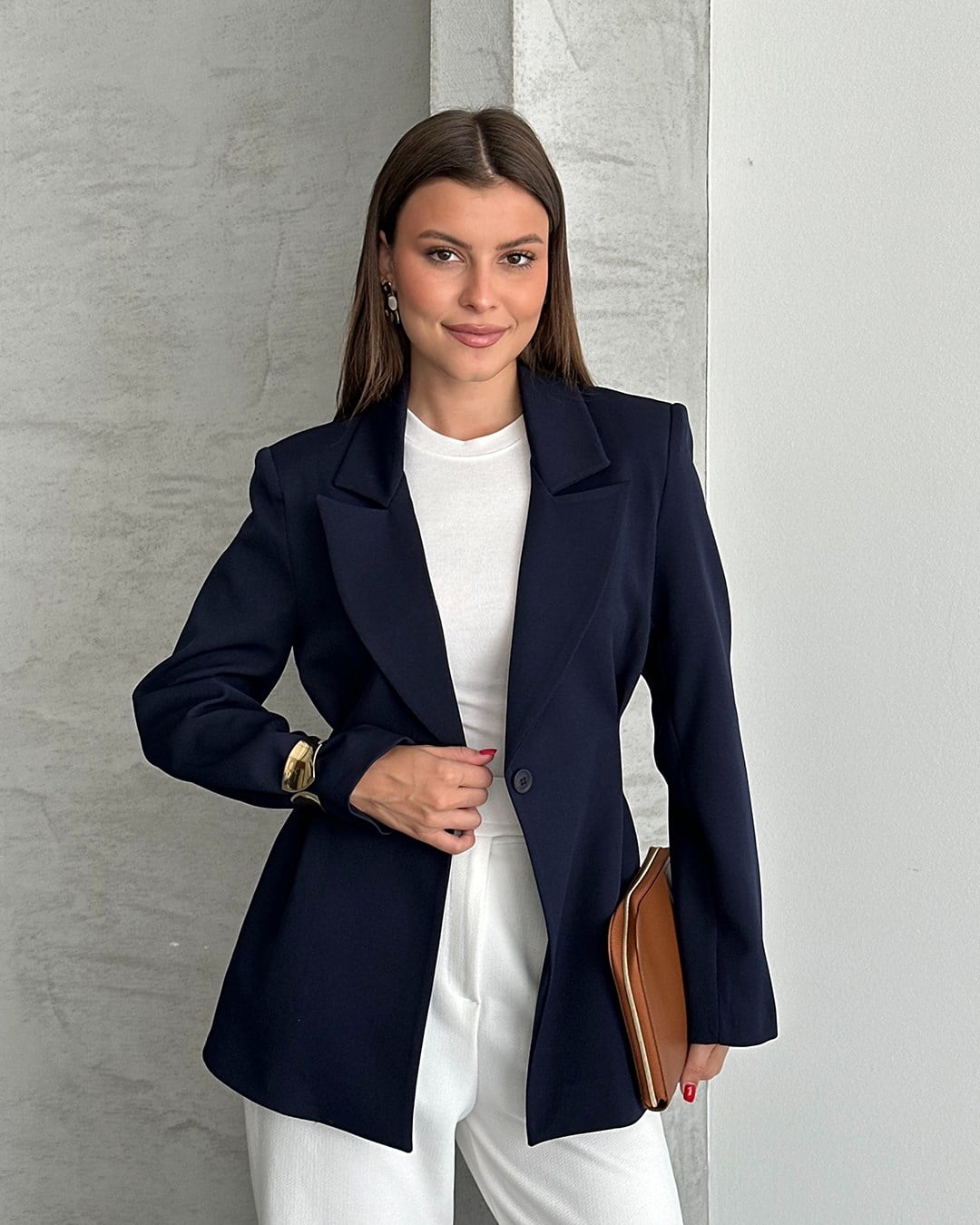 Belden Oturtmalı Dokuma Lacivert Blazer Ceket