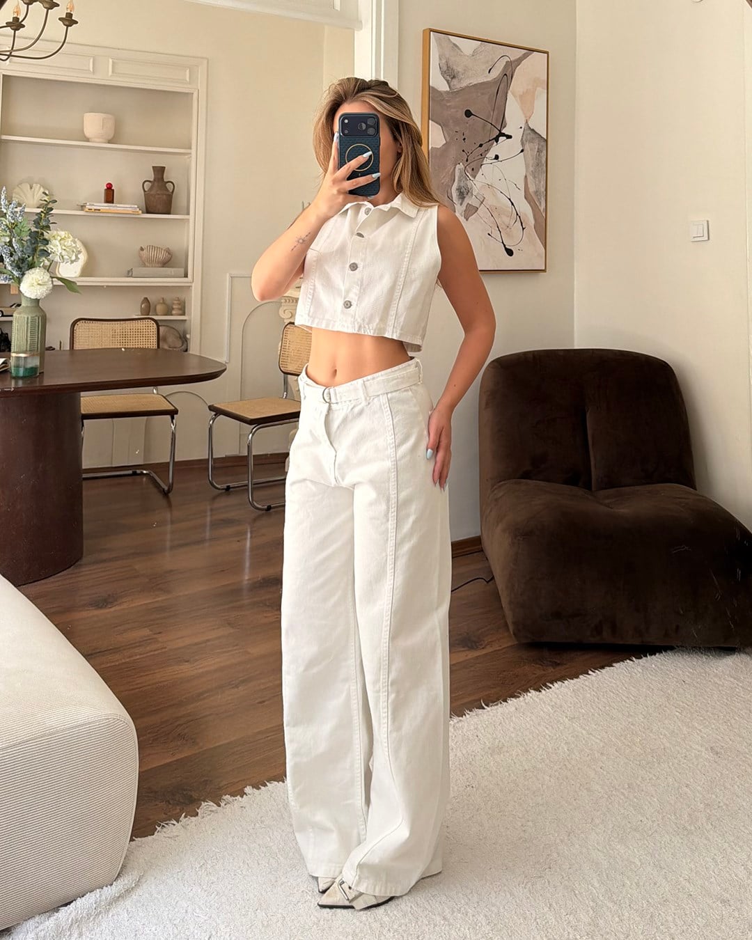 Beyaz Crop Denim Yelek Pantolon Takım