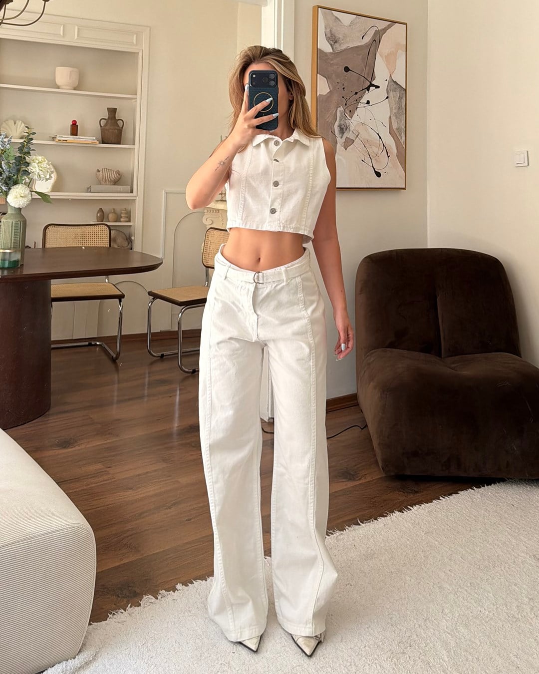 Beyaz Crop Denim Yelek Pantolon Takım
