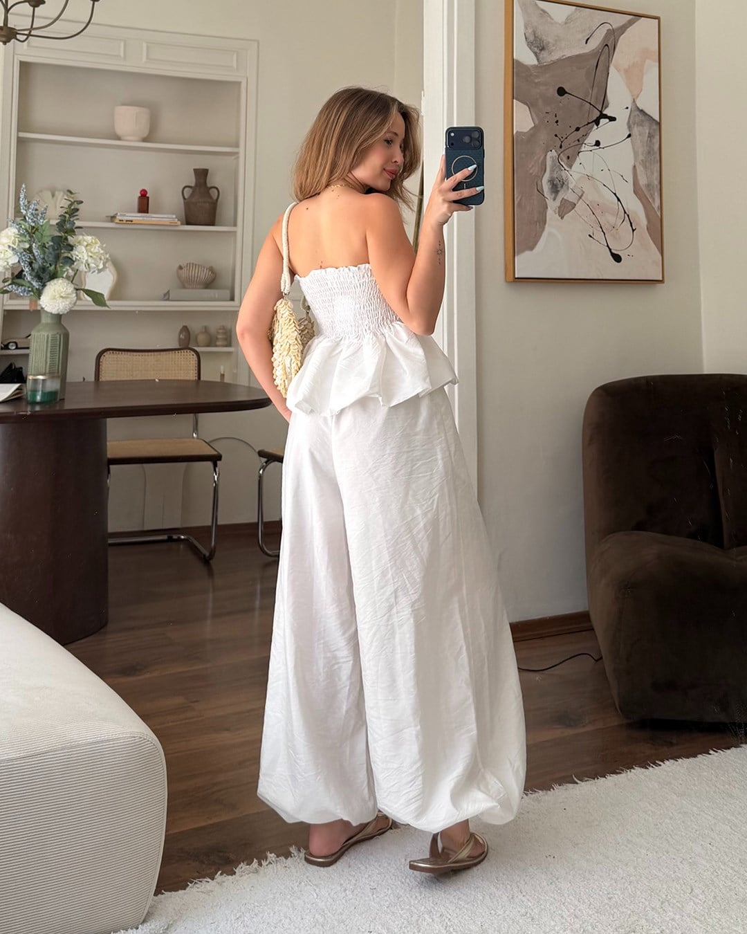 Beyaz Straplez Peplum Büstiyer Pantolon Takım