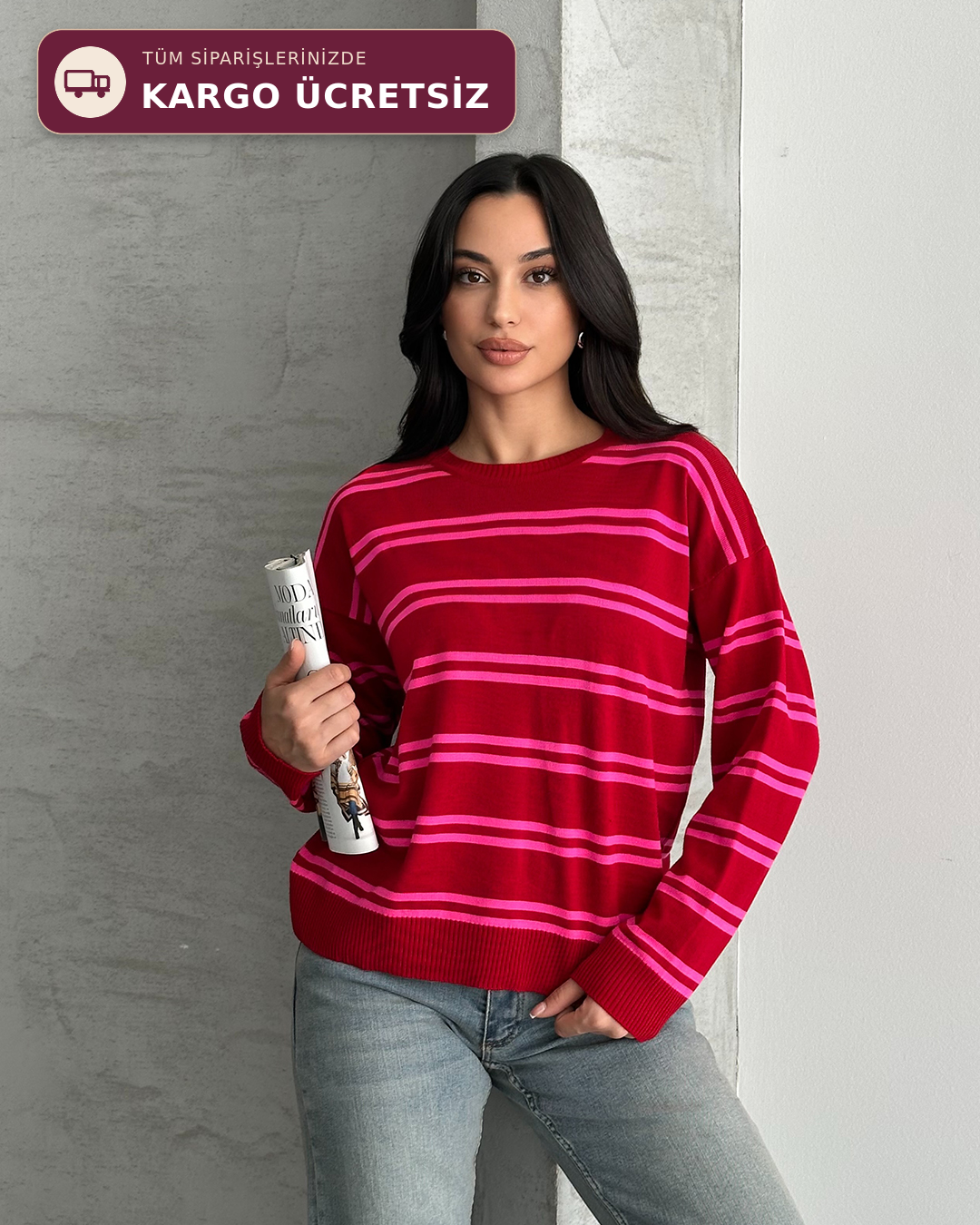 Bisiklet Yaka Çizgili Oversize Kırmızı Triko Kazak