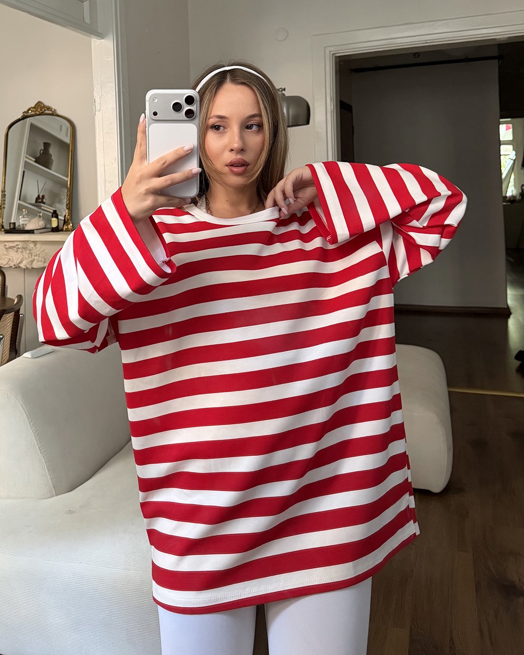 Bisiklet Yaka Çizgili Oversize Uzun Kollu Kırmızı Tişört