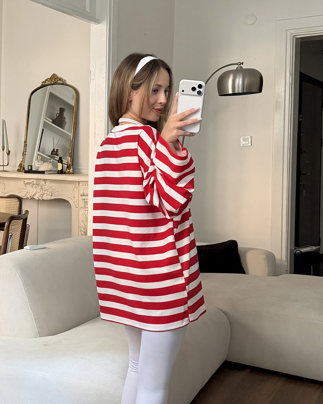 Bisiklet Yaka Çizgili Oversize Uzun Kollu Kırmızı Tişört