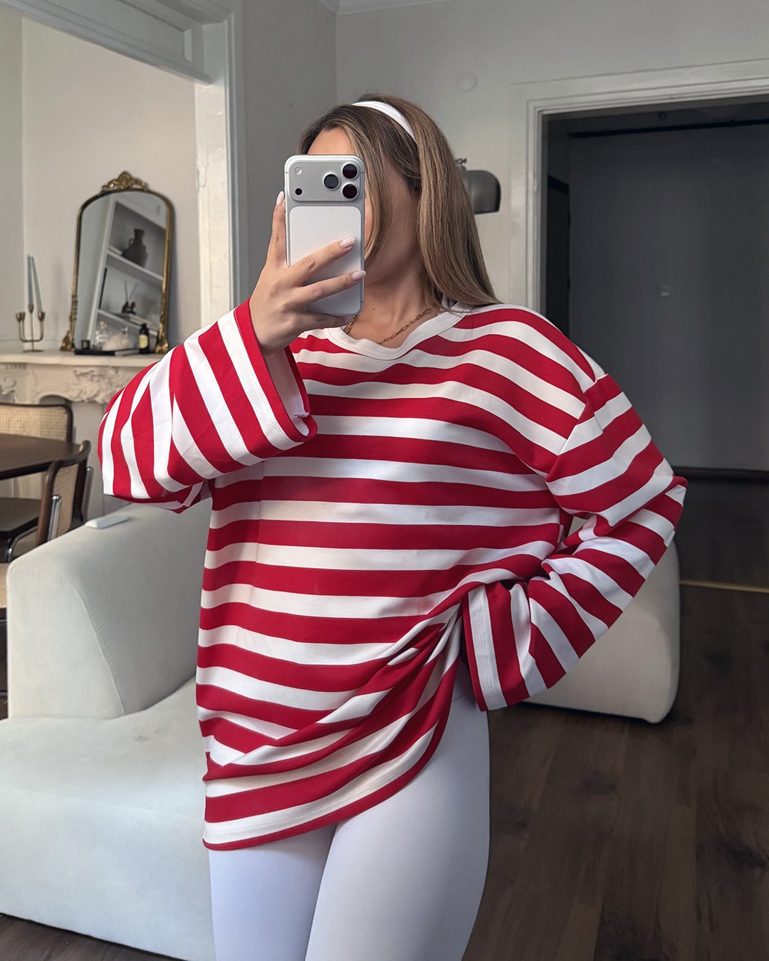 Bisiklet Yaka Çizgili Oversize Uzun Kollu Kırmızı Tişört