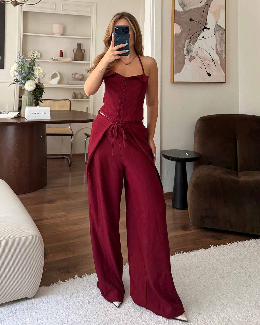 Bordo Askılı Büstiyer Pantolon Takım