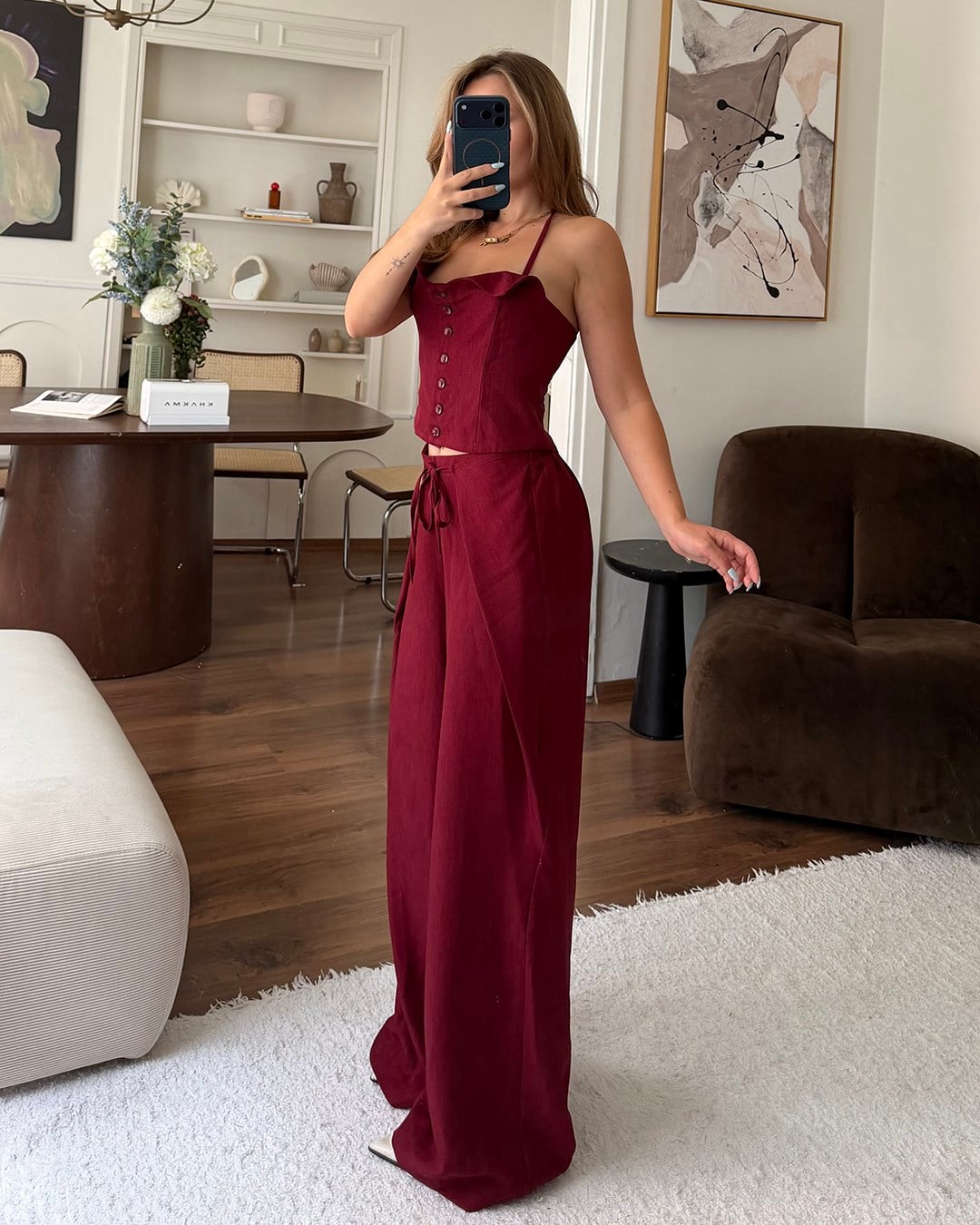 Bordo Askılı Büstiyer Pantolon Takım