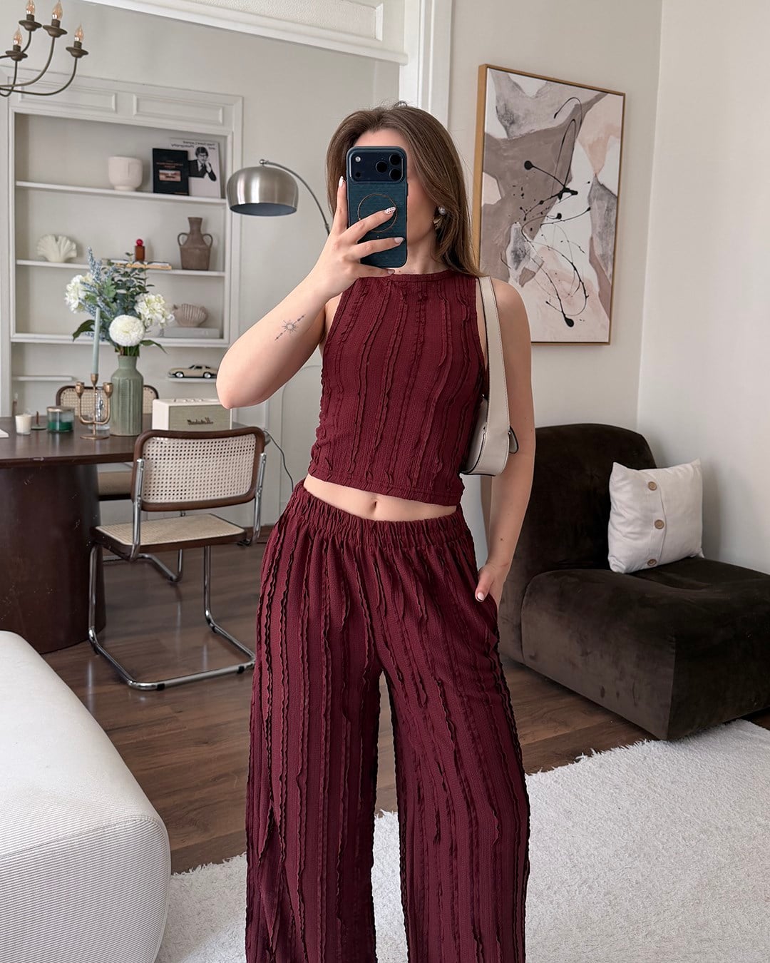 Bordo Fitilli Crop Bluz Palazzo Pantolon Takım
